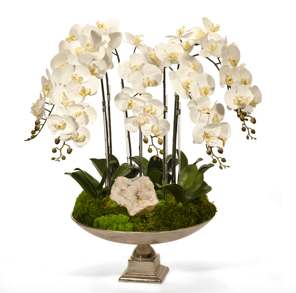 Orchids in White with Crystal Quartz and Silver Urn Container