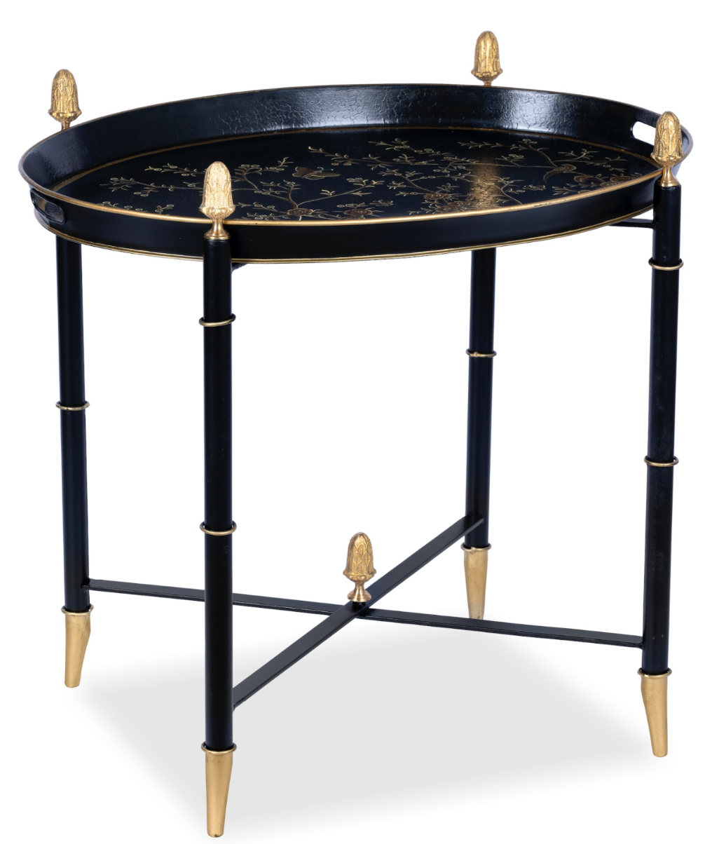 Black Round Tray Table with Gold Finials