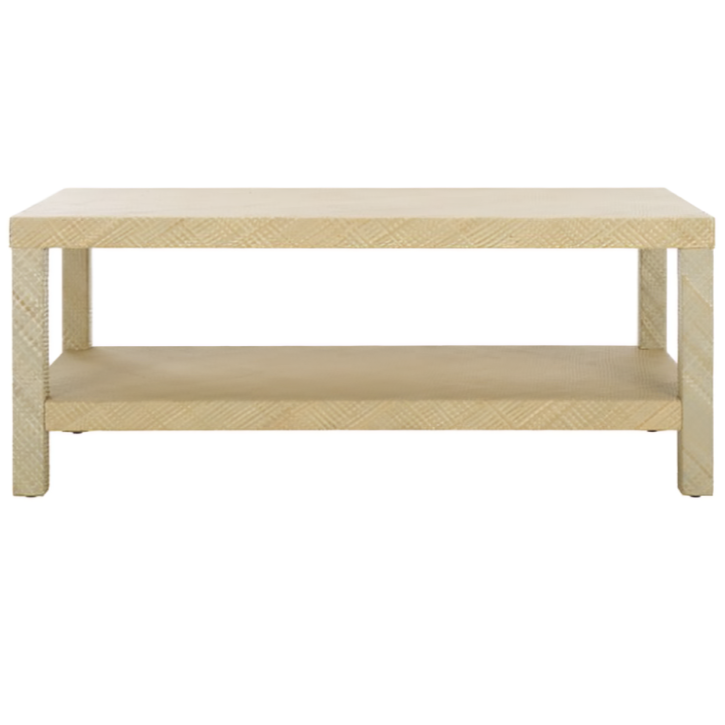 Apis Raffia Wood Coffee Table in Natural with Shelves