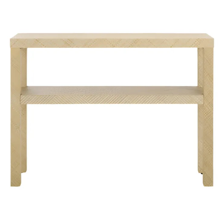 Apis Raffia Wood Console Table in Natural with Shelves