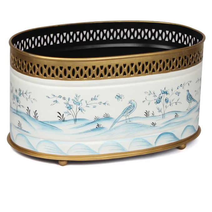 Oval Planter in Ivory with Blue Landscape and Metal Border