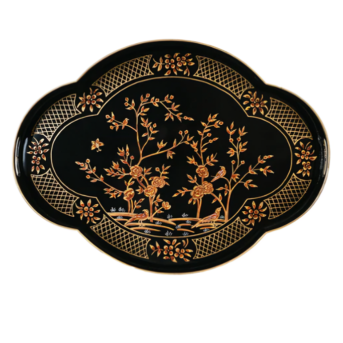 Scalloped Tole Tray in Black and Gold with Chinoiserie Pattern