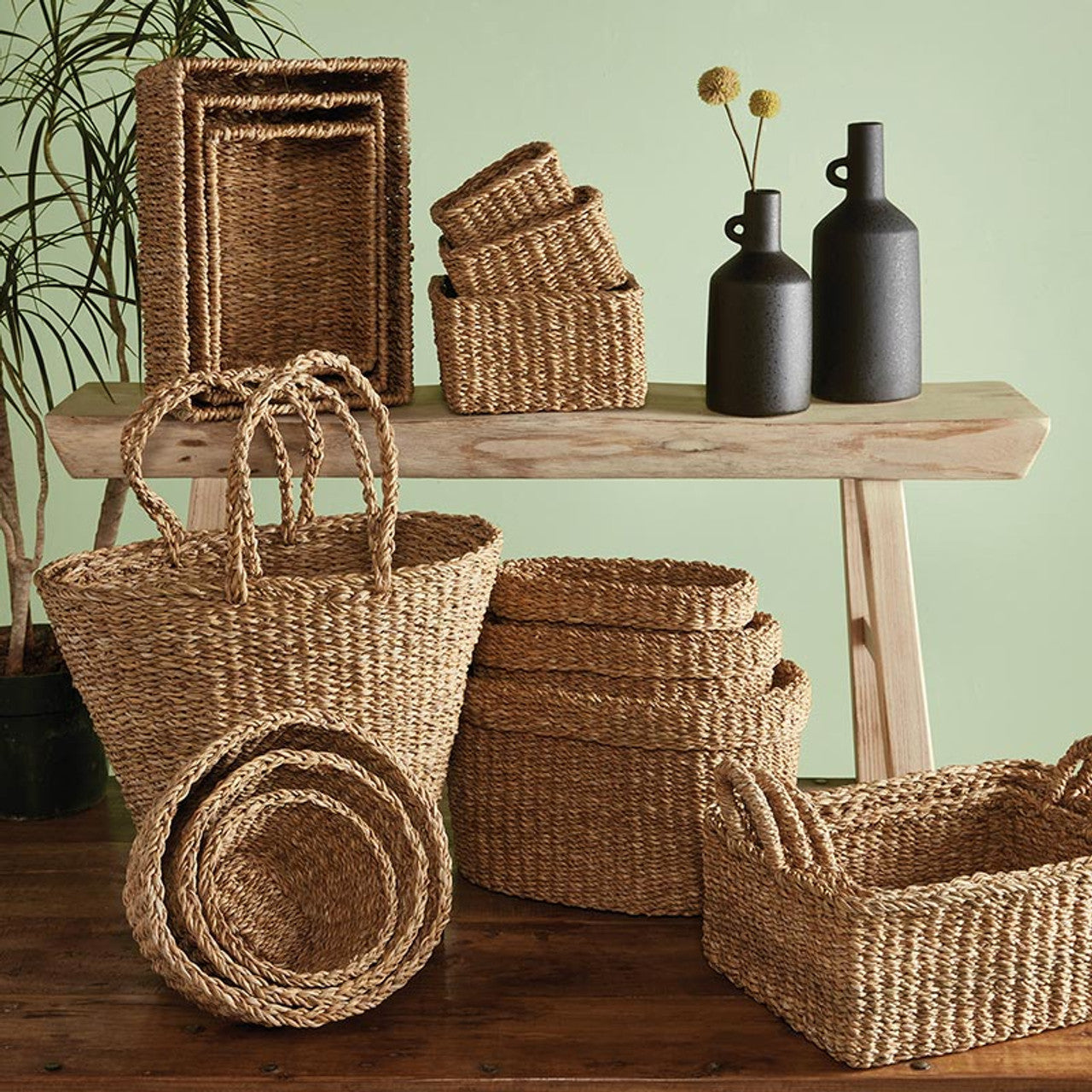 Set of 3 Seagrass Square Storage Basket | Wicker Planter Baskets Organizer