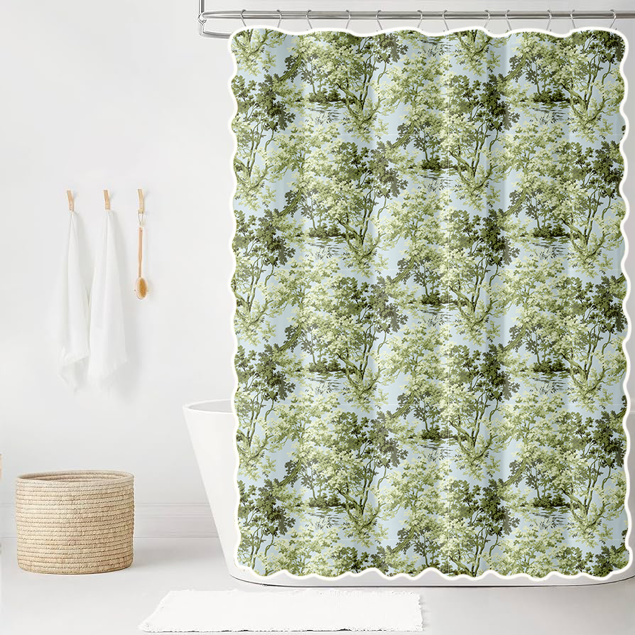 Ginger in Sanctuary and Eloise Scalloped Edge Shower Curtain