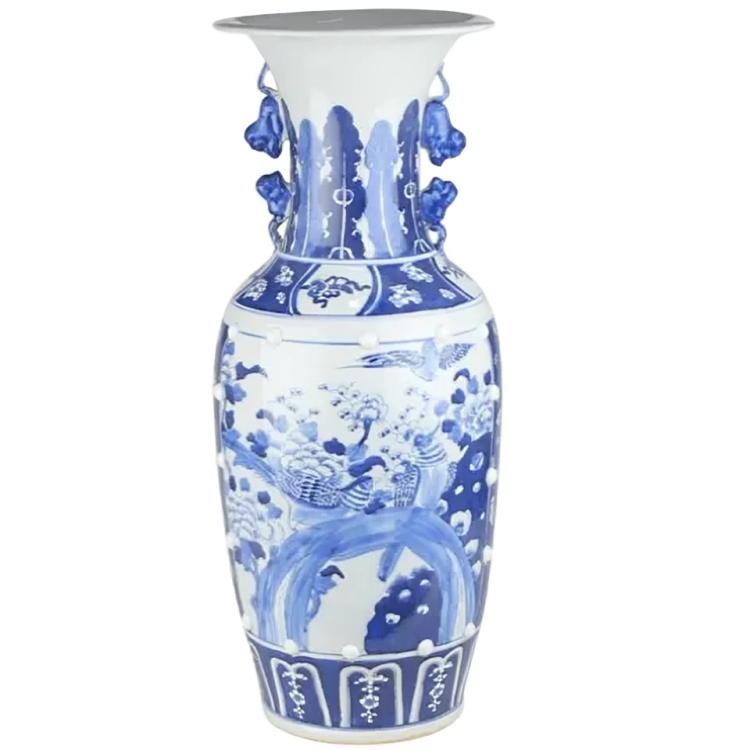 Vase in Blue and White with Floral and Bird Scene