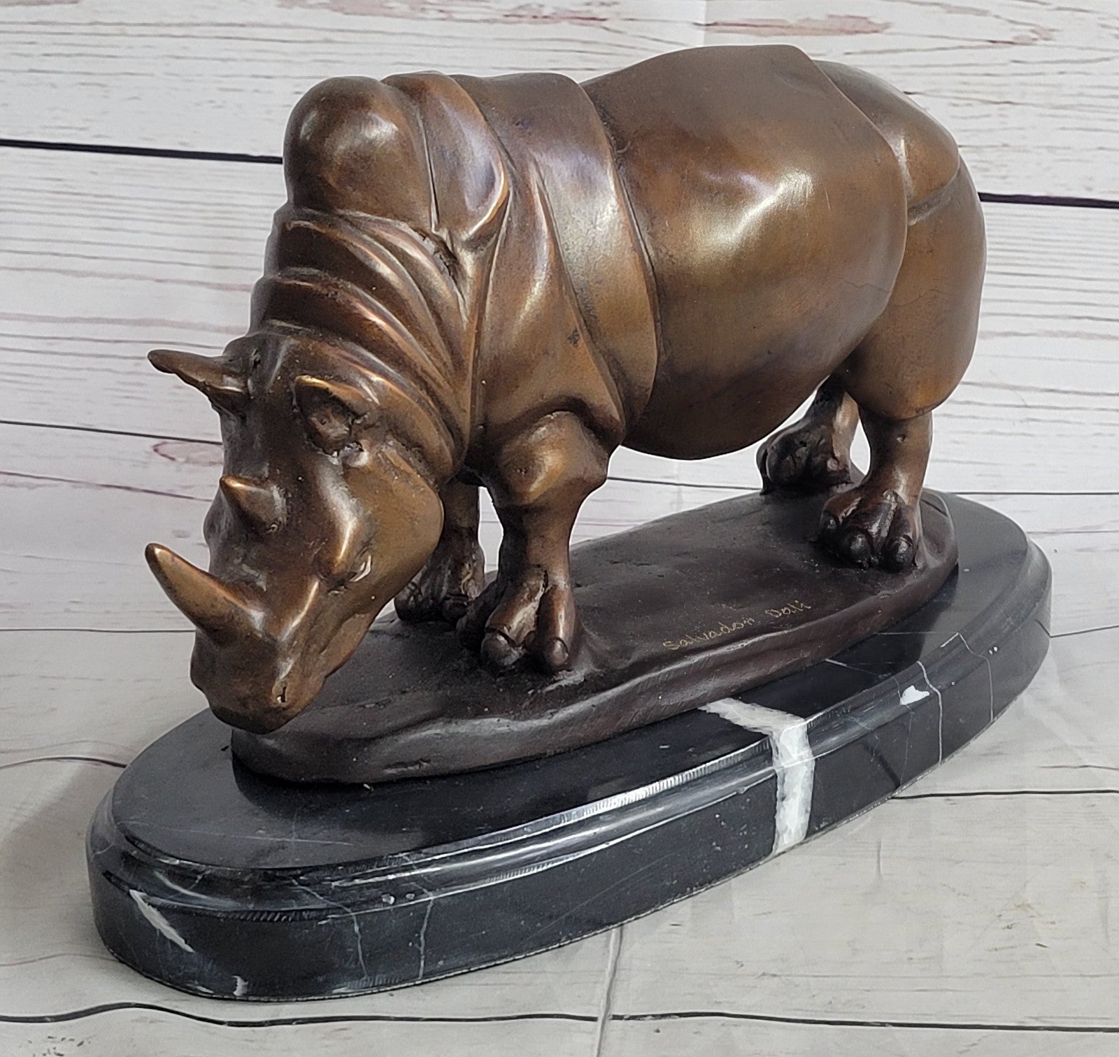 Signed Salvador Dali White Rhinoceros African Rhino Wild Life Bronze Sculpture Statue Art