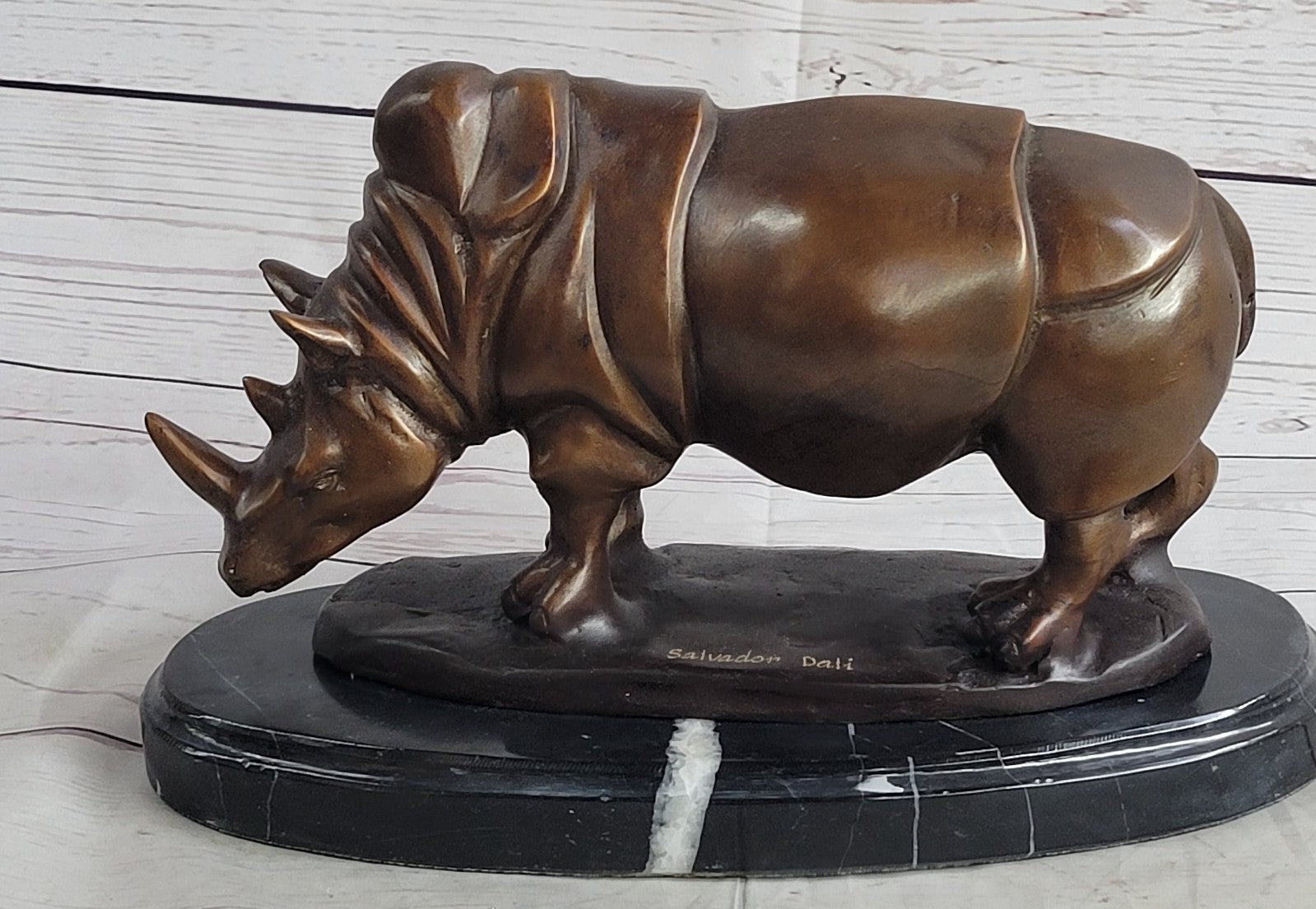 Signed Salvador Dali White Rhinoceros African Rhino Wild Life Bronze Sculpture Statue Art