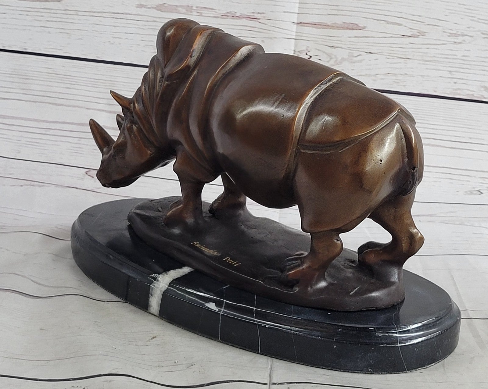 Signed Salvador Dali White Rhinoceros African Rhino Wild Life Bronze Sculpture Statue Art