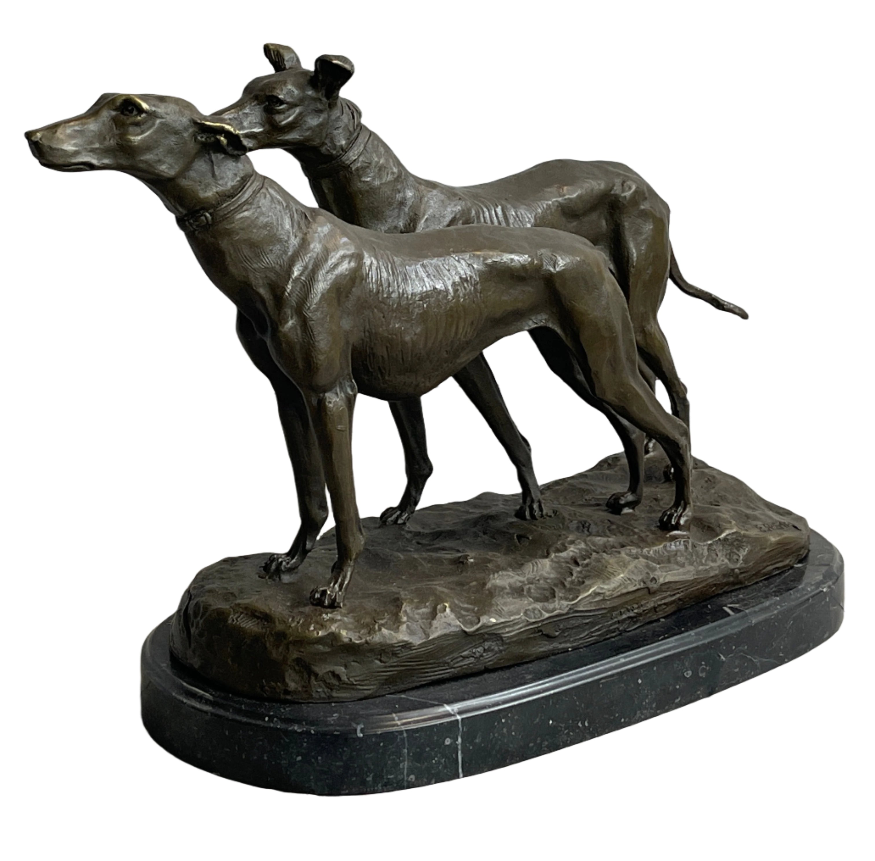 Pair of Greyhounds - Two Slender Racing Dogs Handmade Bronze Sculpture by Fremiet