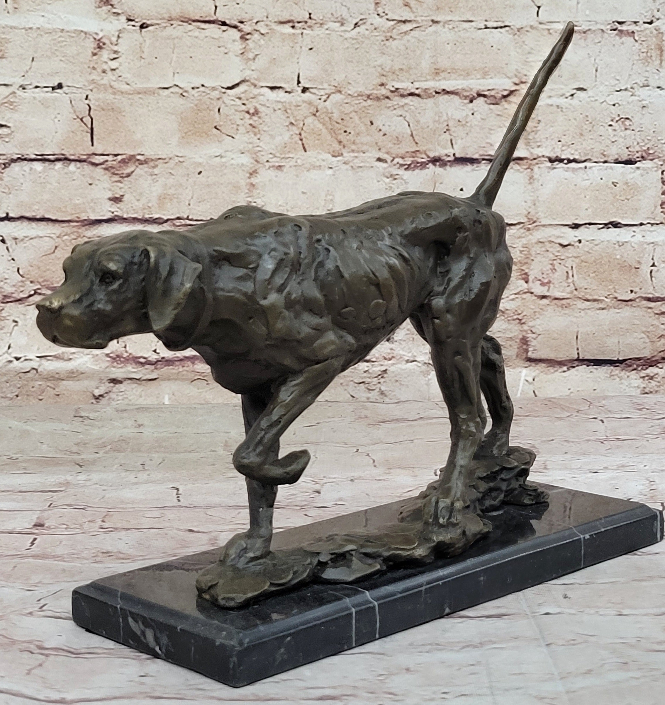 Dog Following Scent Bronze Sculpture Statue Figure on Marble Base Signed Milo