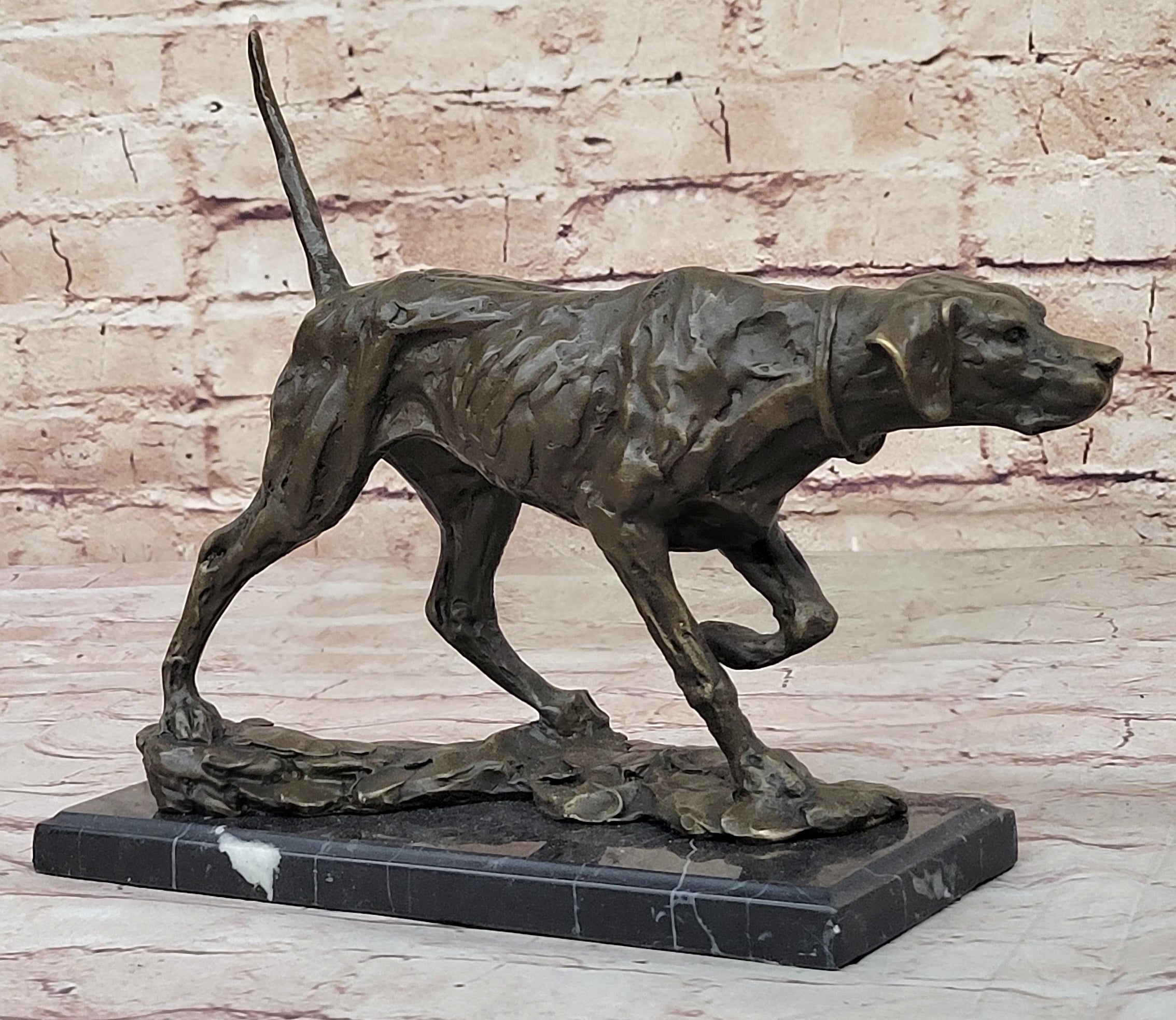 Dog Following Scent Bronze Sculpture Statue Figure on Marble Base Signed Milo