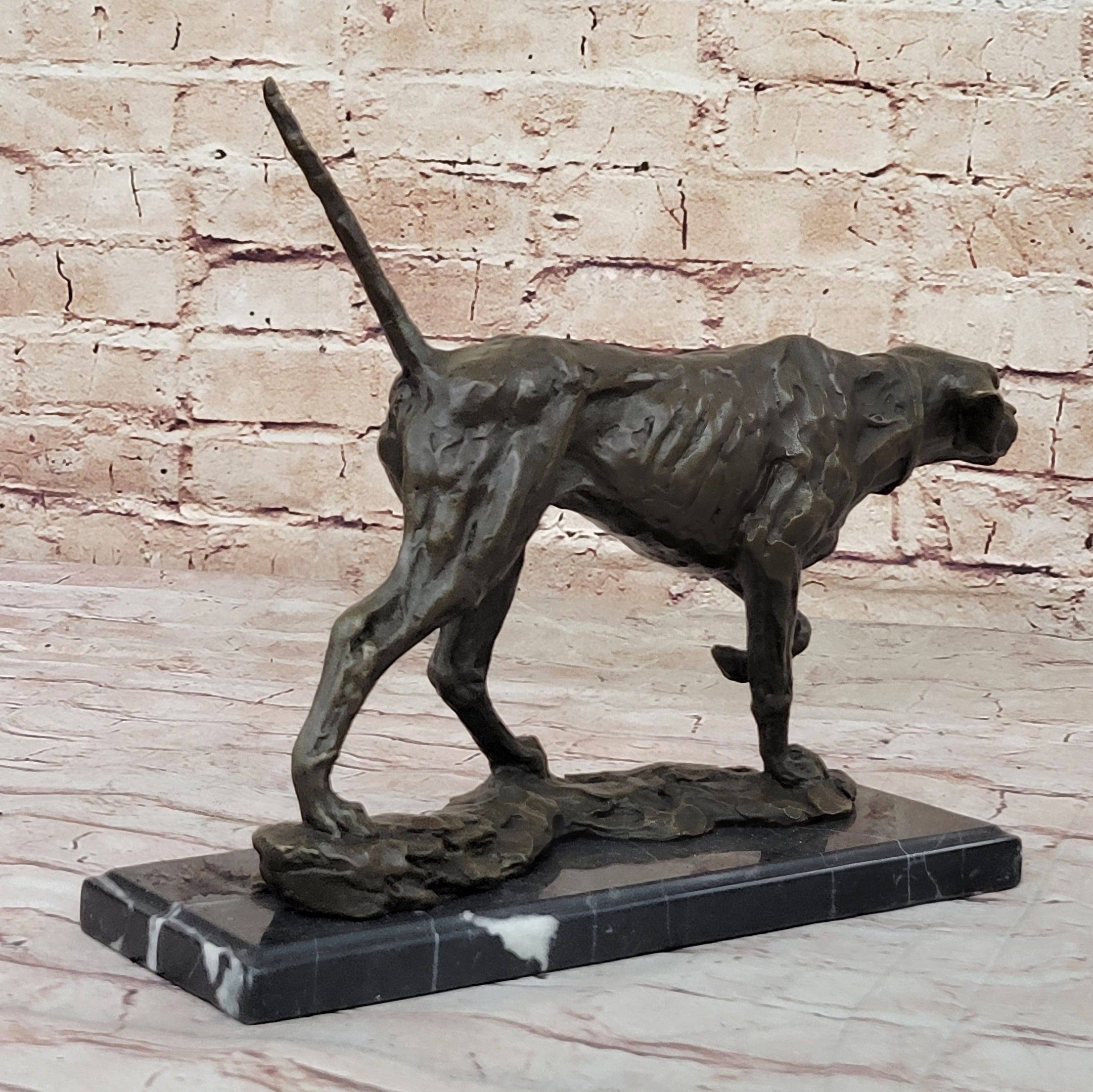 Dog Following Scent Bronze Sculpture Statue Figure on Marble Base Signed Milo