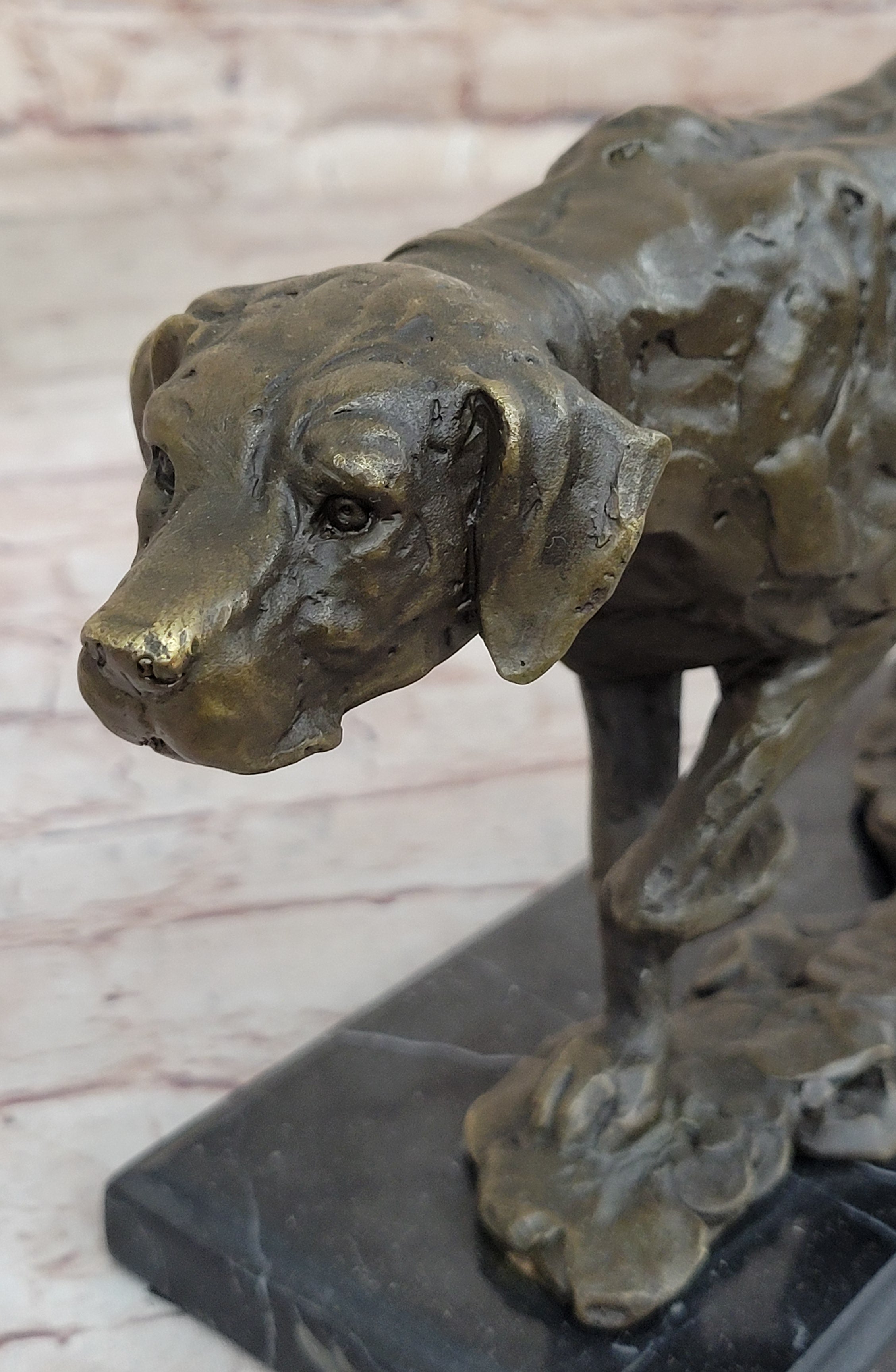 Dog Following Scent Bronze Sculpture Statue Figure on Marble Base Signed Milo