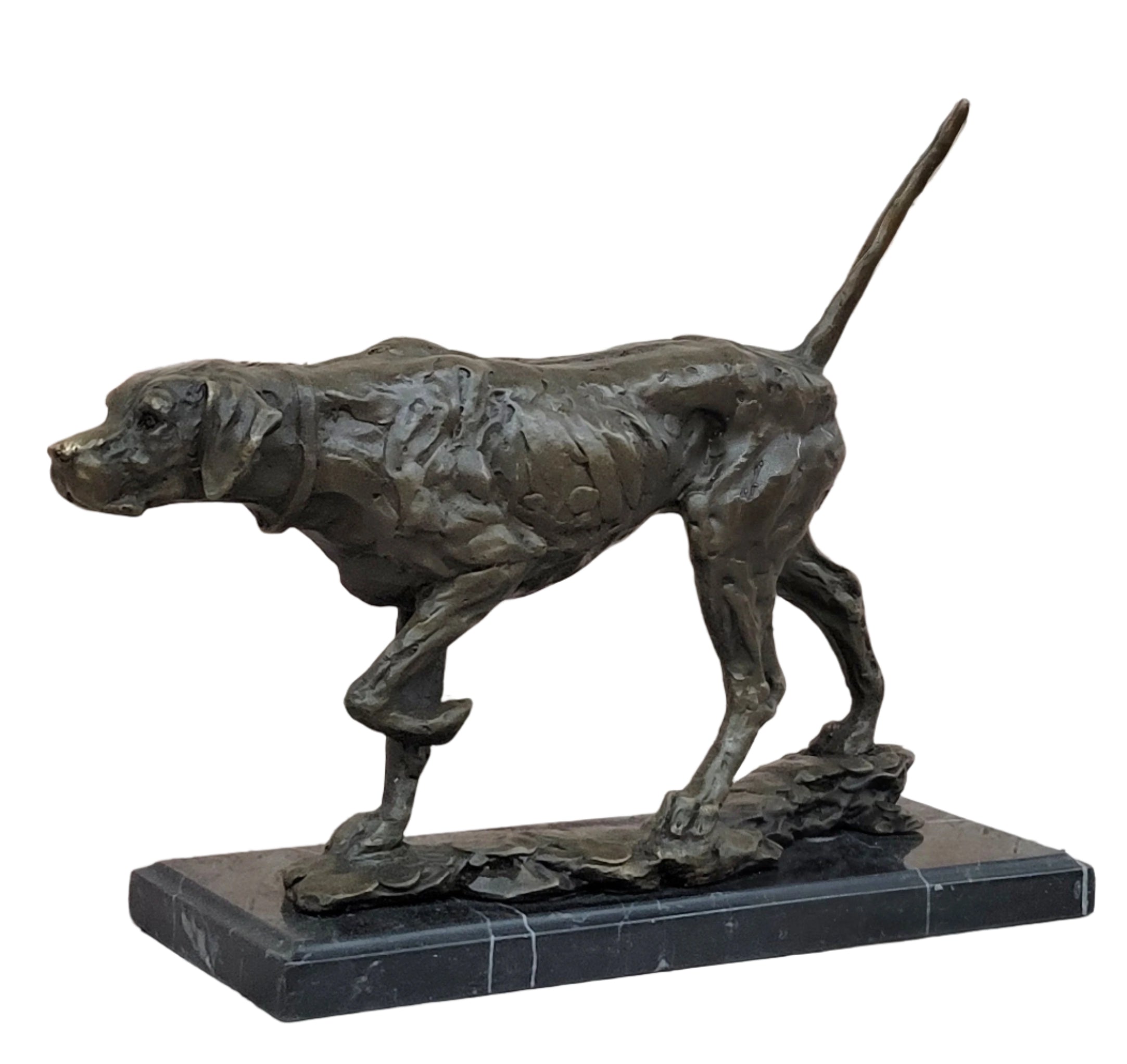 Dog Following Scent Bronze Sculpture Statue Figure on Marble Base Signed Milo