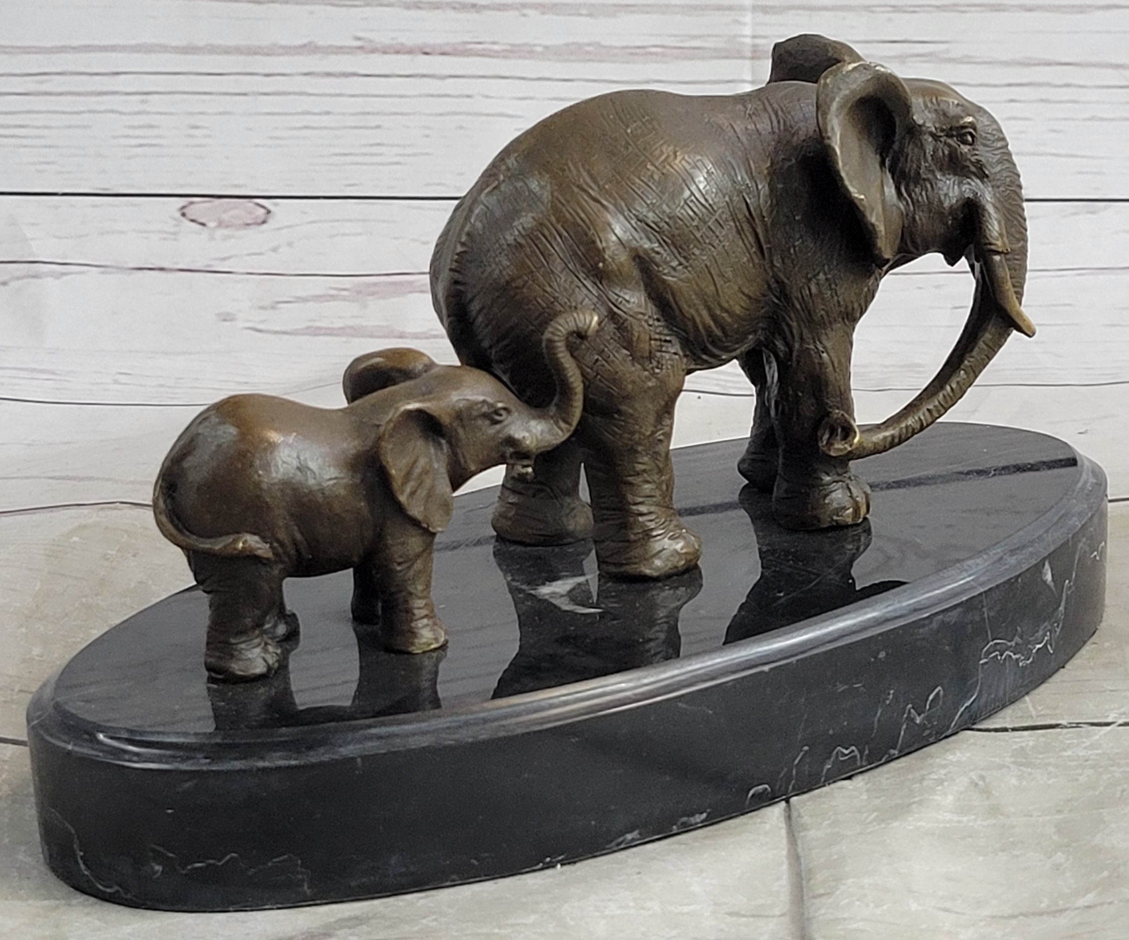 Mother and Child Elephant & Calf Barye Bronze Sculpture on Marble Base