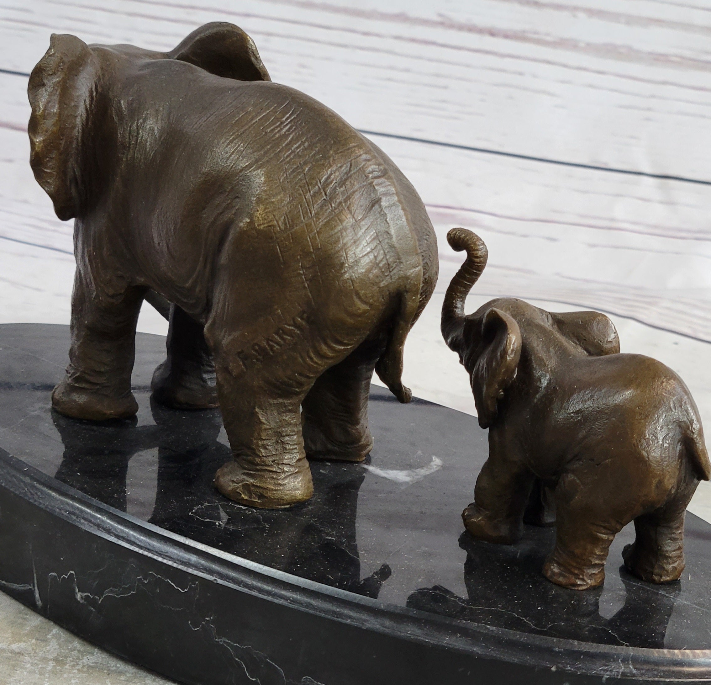 Mother and Child Elephant & Calf Barye Bronze Sculpture on Marble Base