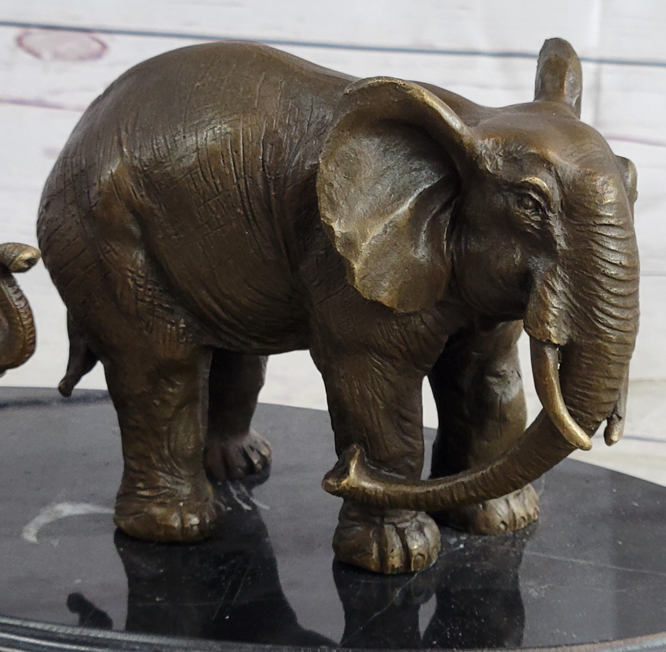 Mother and Child Elephant & Calf Barye Bronze Sculpture on Marble Base