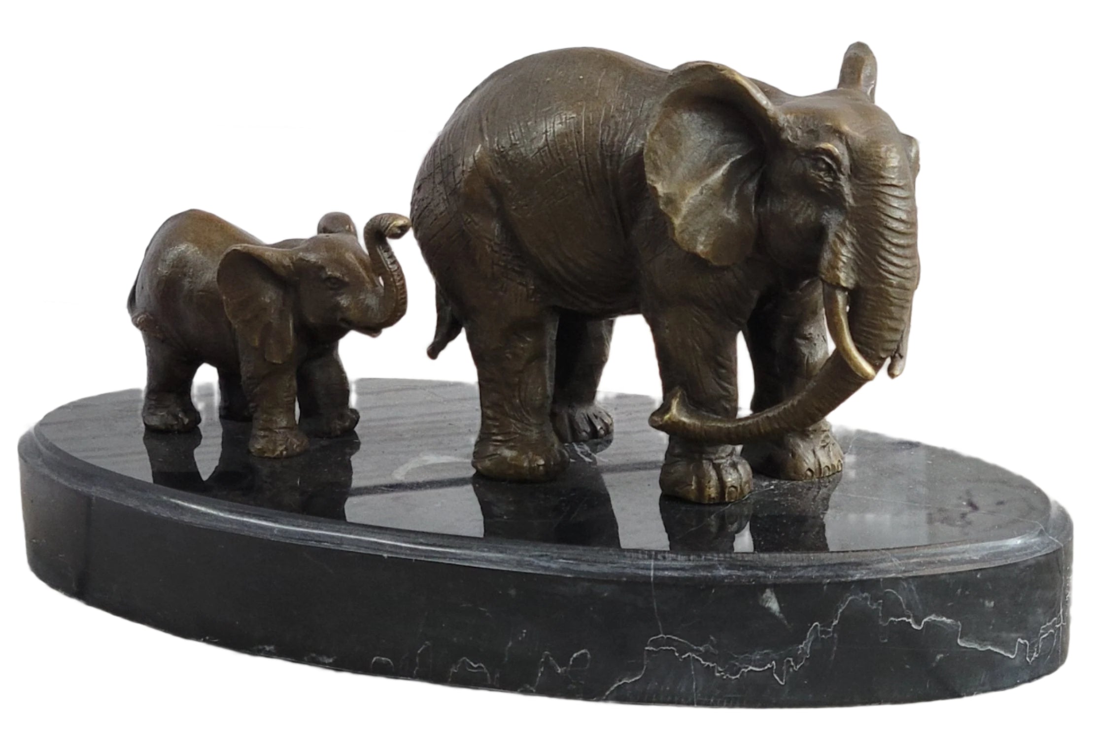 Mother and Child Elephant & Calf Barye Bronze Sculpture on Marble Base