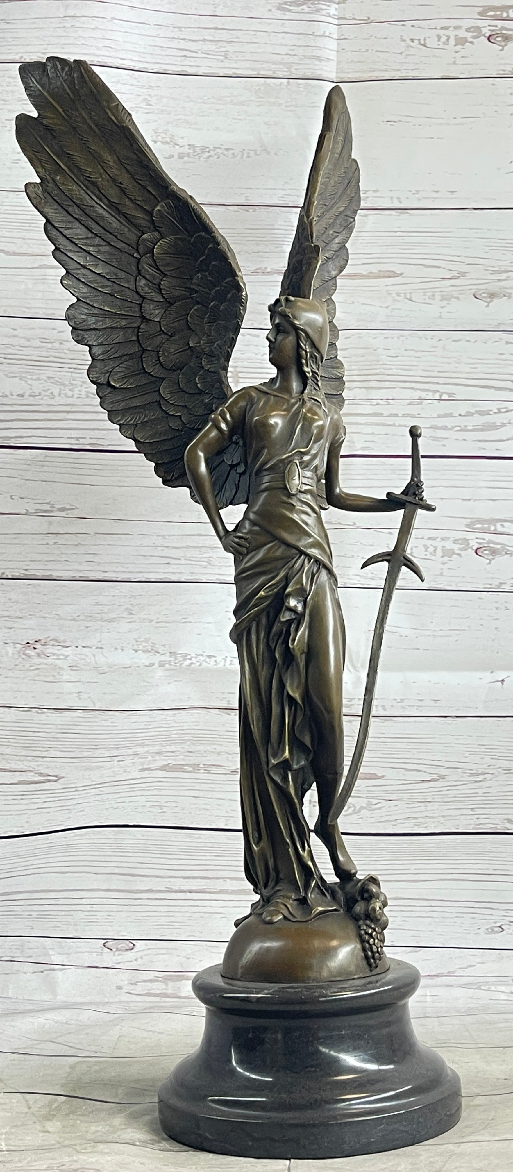 Angel with Sword Classical Bronze Statue Sculpture Signed Art Indoor Outdoor 25" x 8"