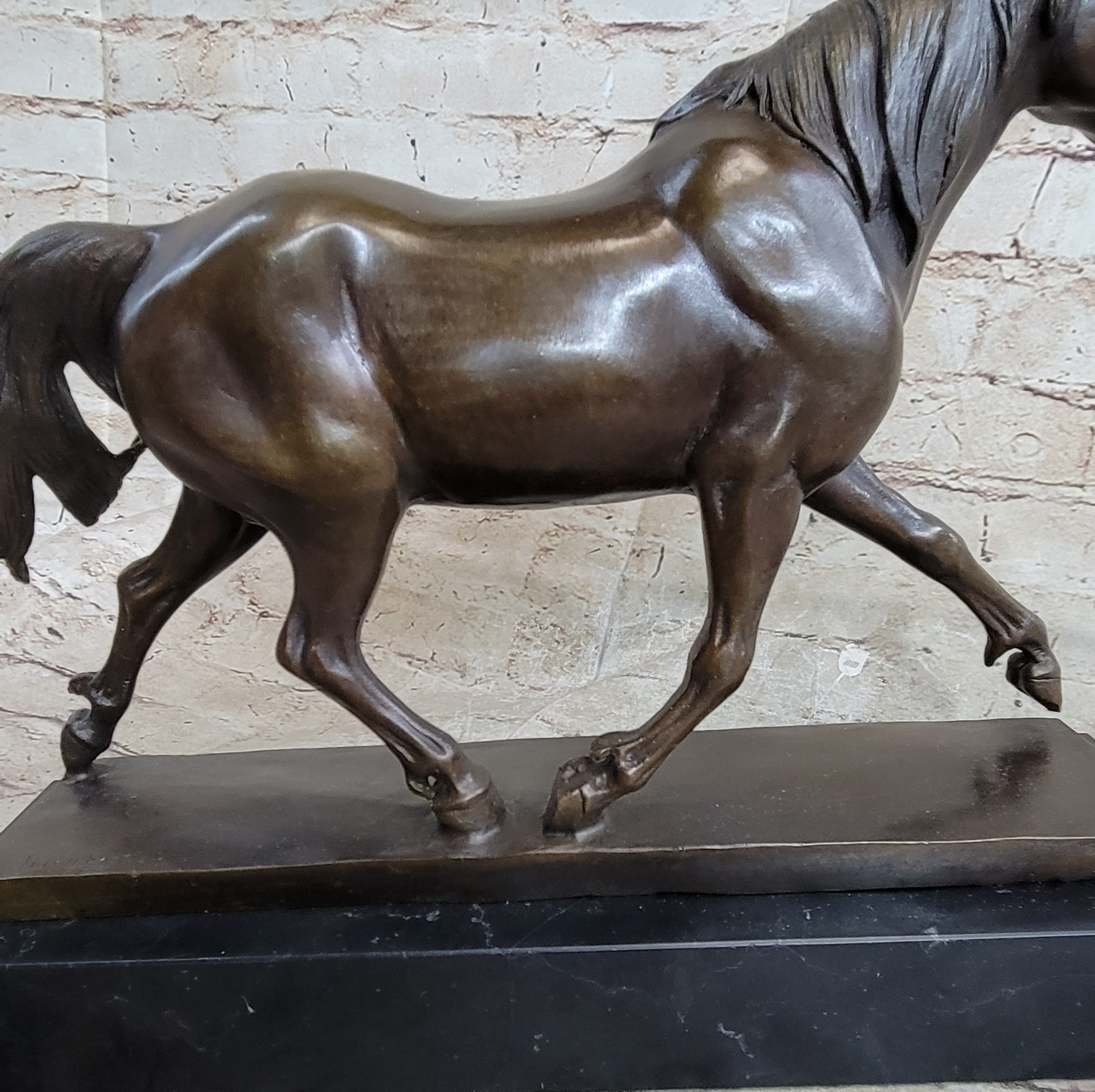 Signed Prosper Lecourtier Racing Horse Stallion Hot Cast Sculpture Marble Base