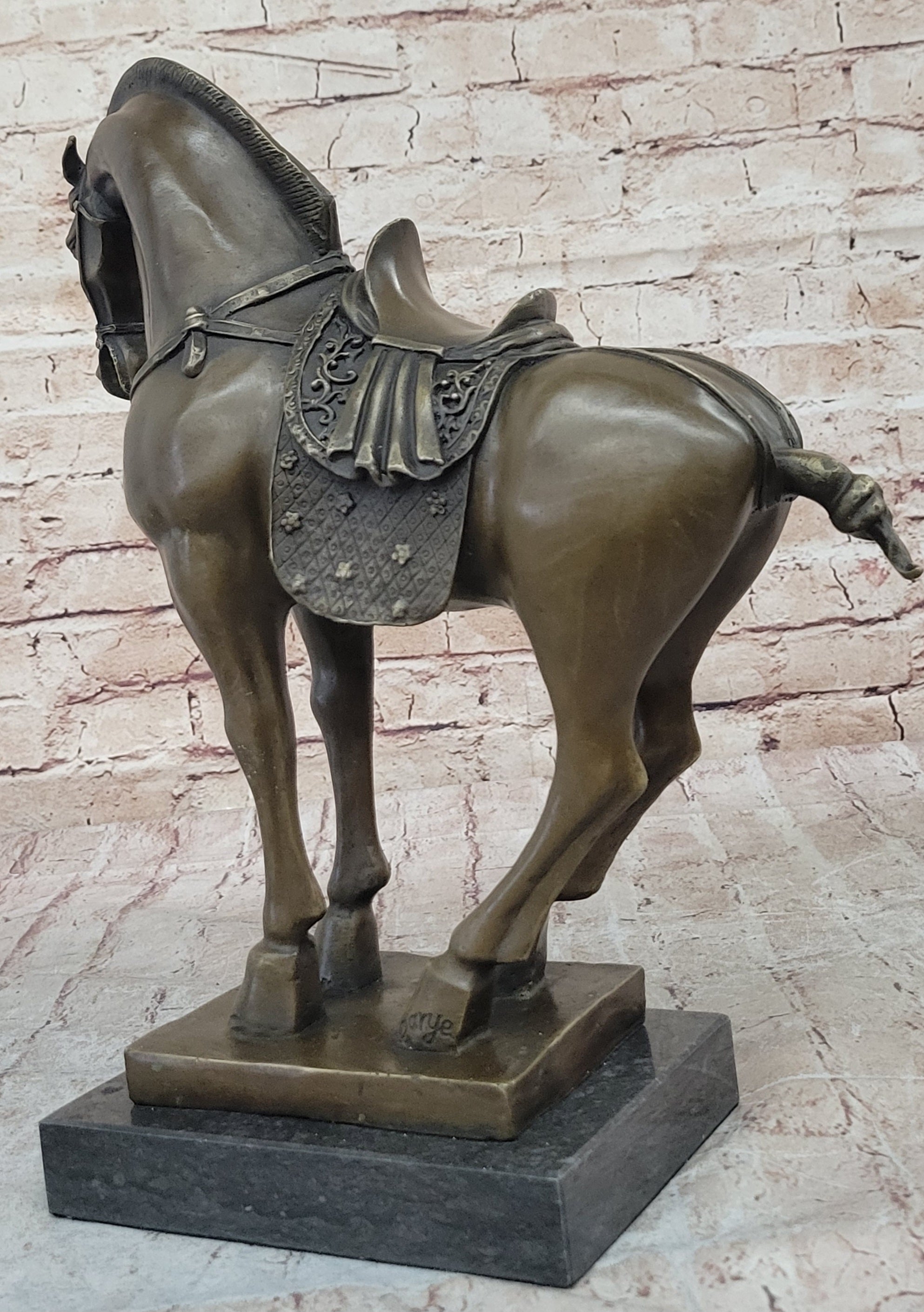 Tang Dynasty Horse Bronze Sculpture Mantle Marble Base Statue Hot Cast Figurine 14" x 12"