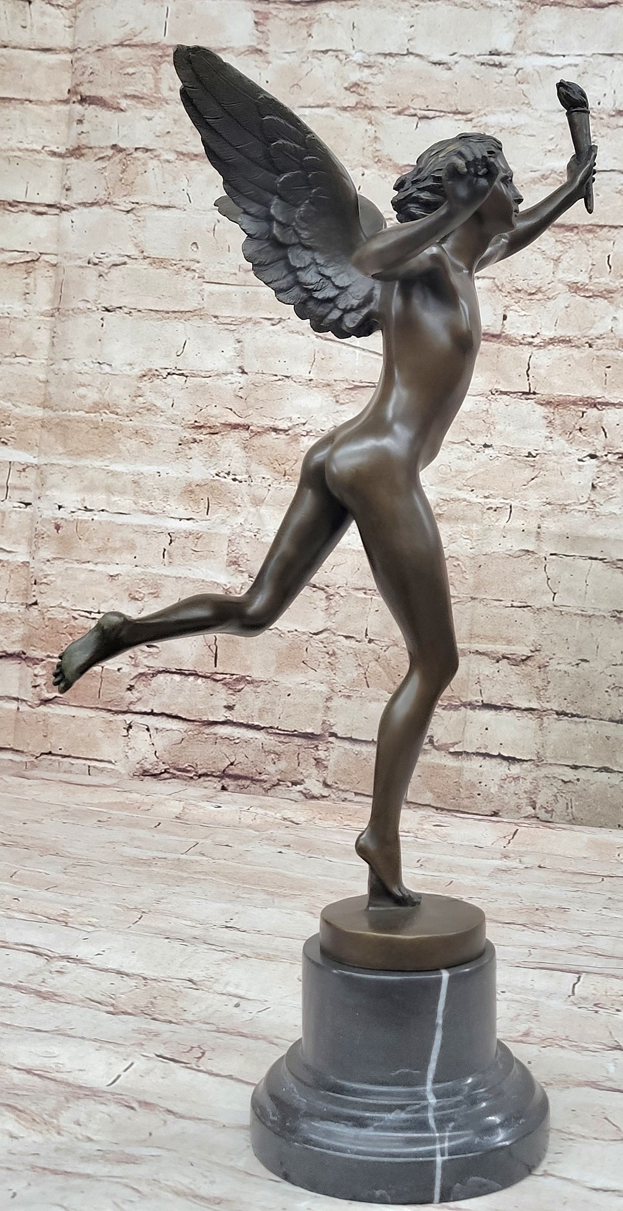 Hot Cast Bronze Art Deco Nude Male Winged Angel Sculpture Statue Figure by Dumont