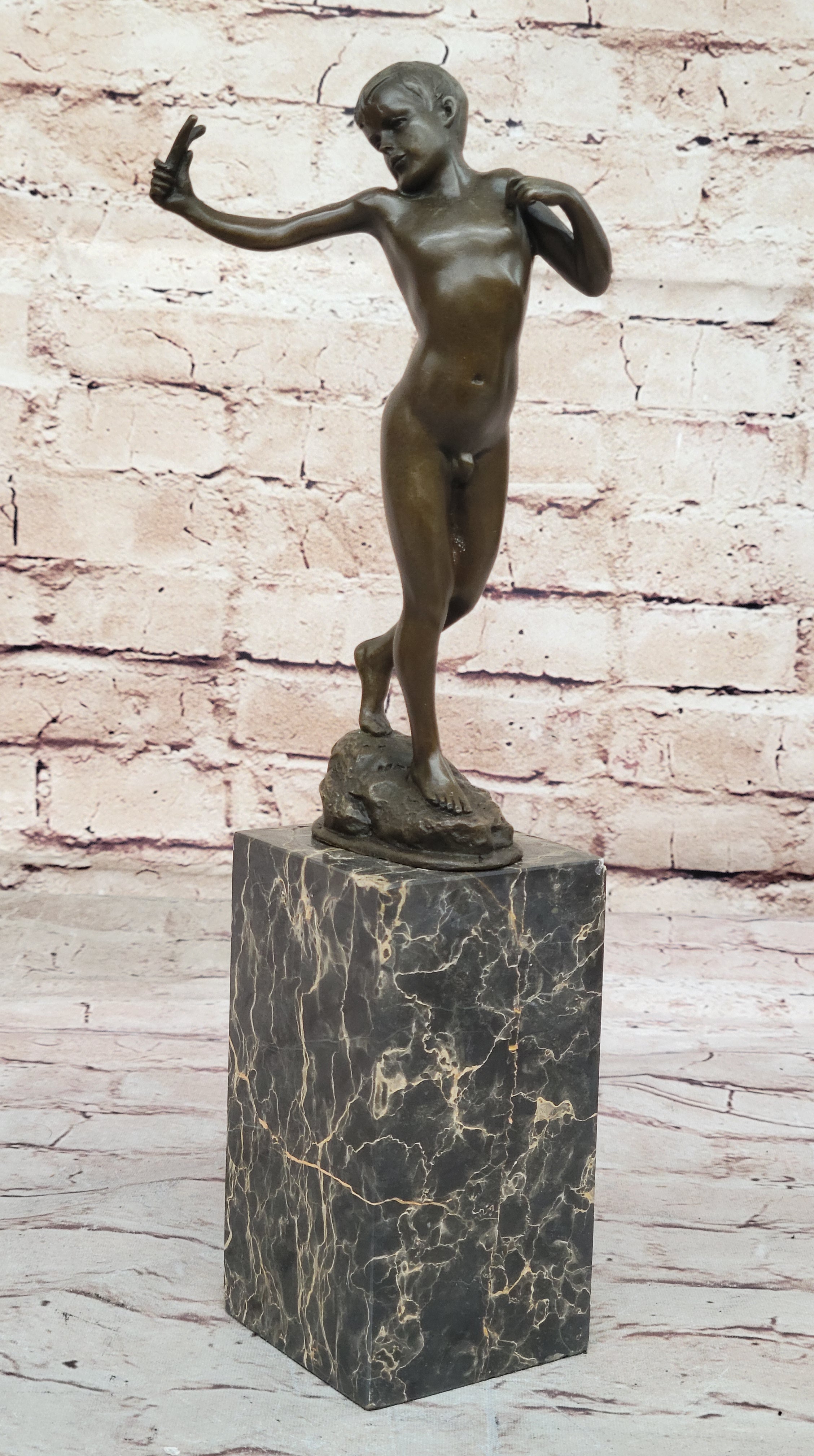 Nude Male Figure with Sling - Bronze Sculpture on Marble Base by Milo