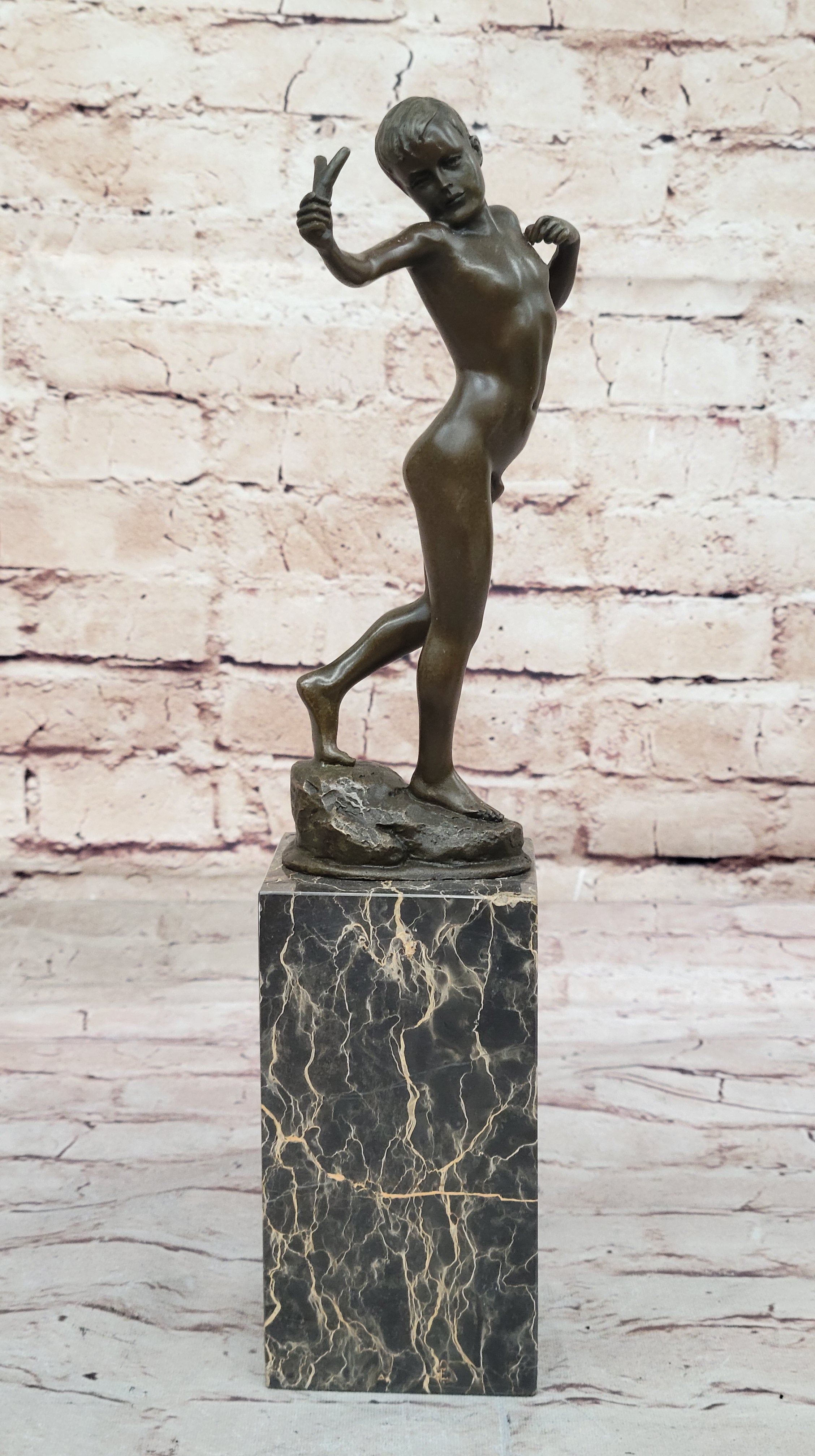 Nude Male Figure with Sling - Bronze Sculpture on Marble Base by Milo