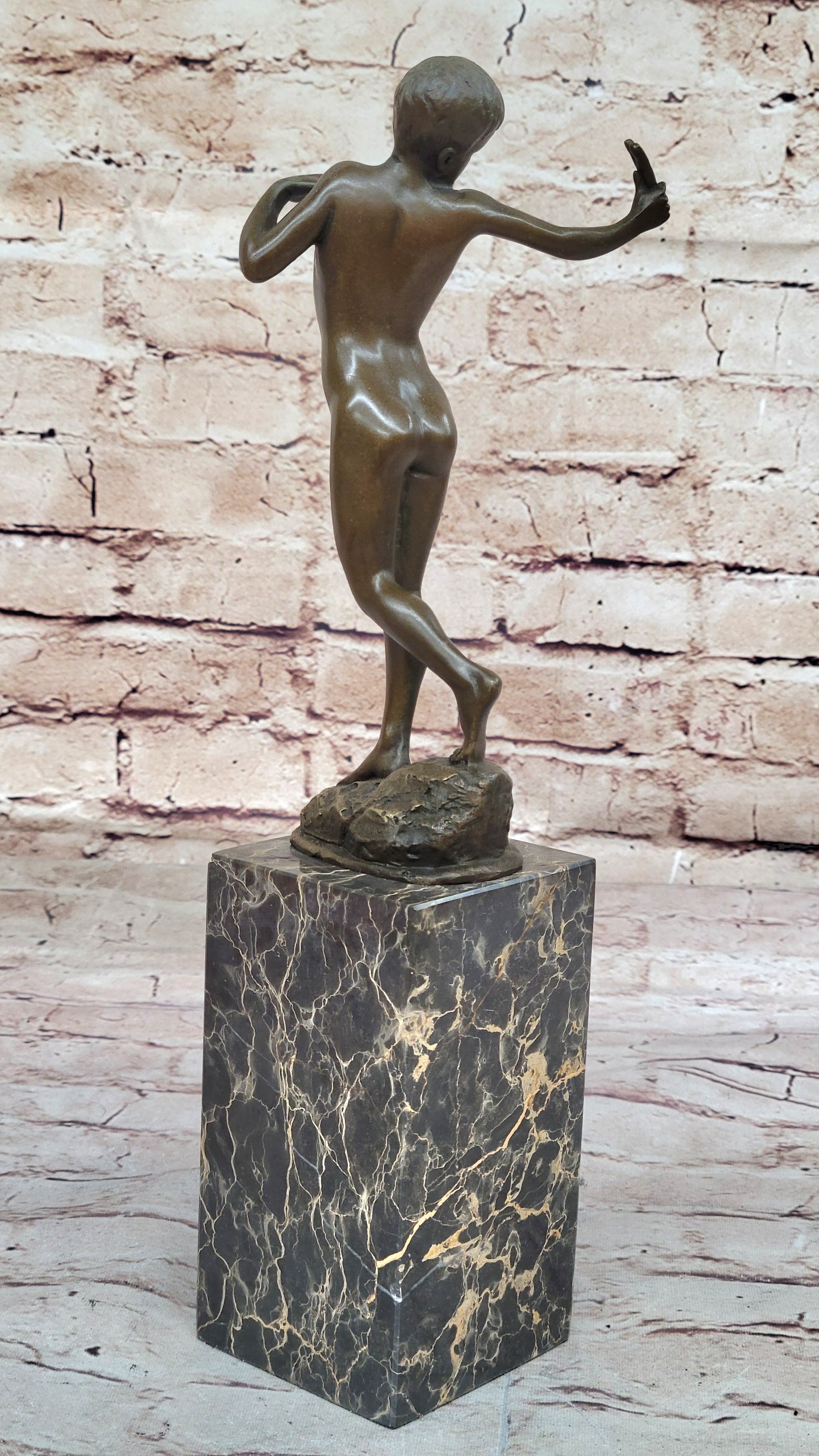 Nude Male Figure with Sling - Bronze Sculpture on Marble Base by Milo