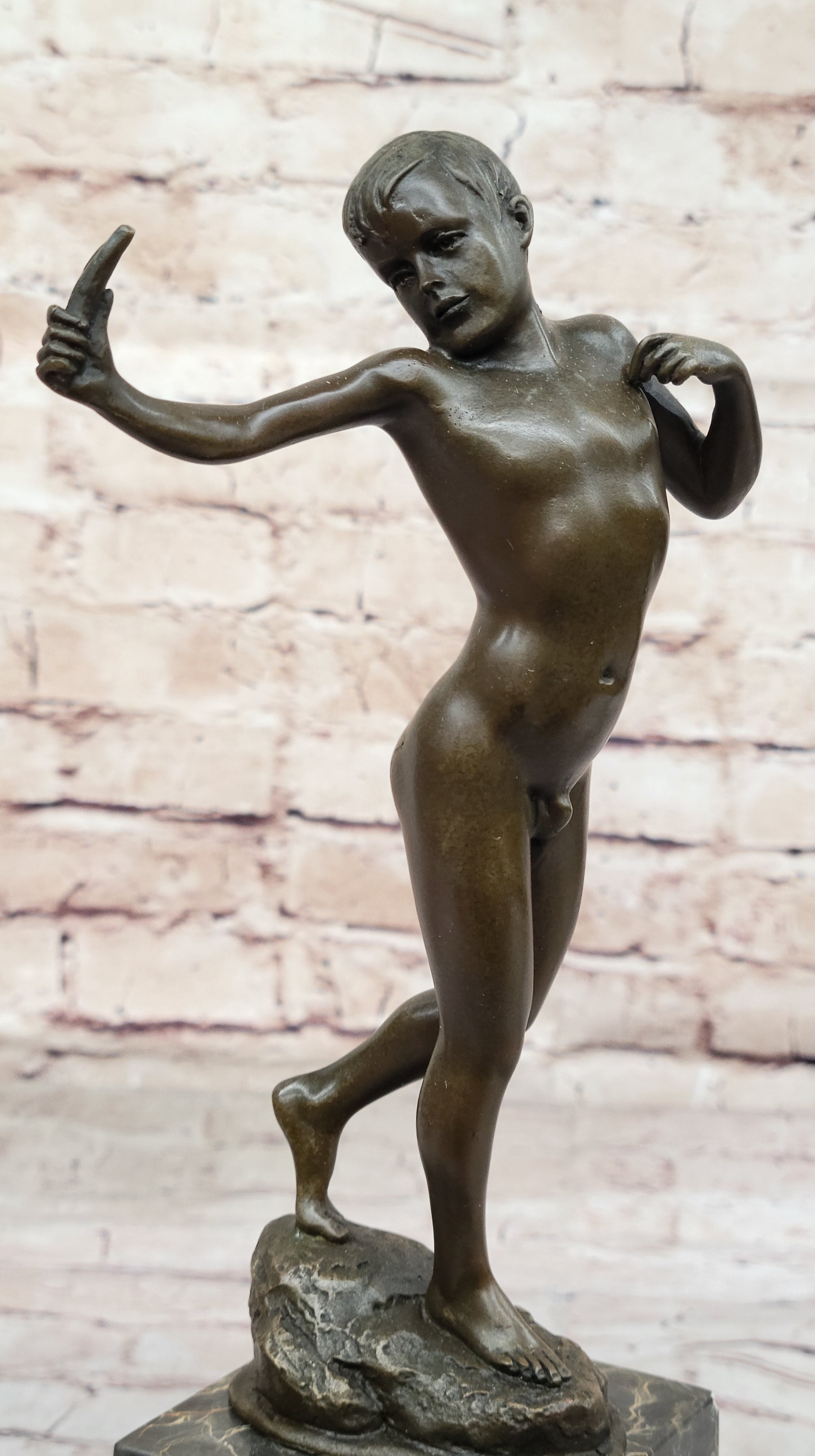 Nude Male Figure with Sling - Bronze Sculpture on Marble Base by Milo