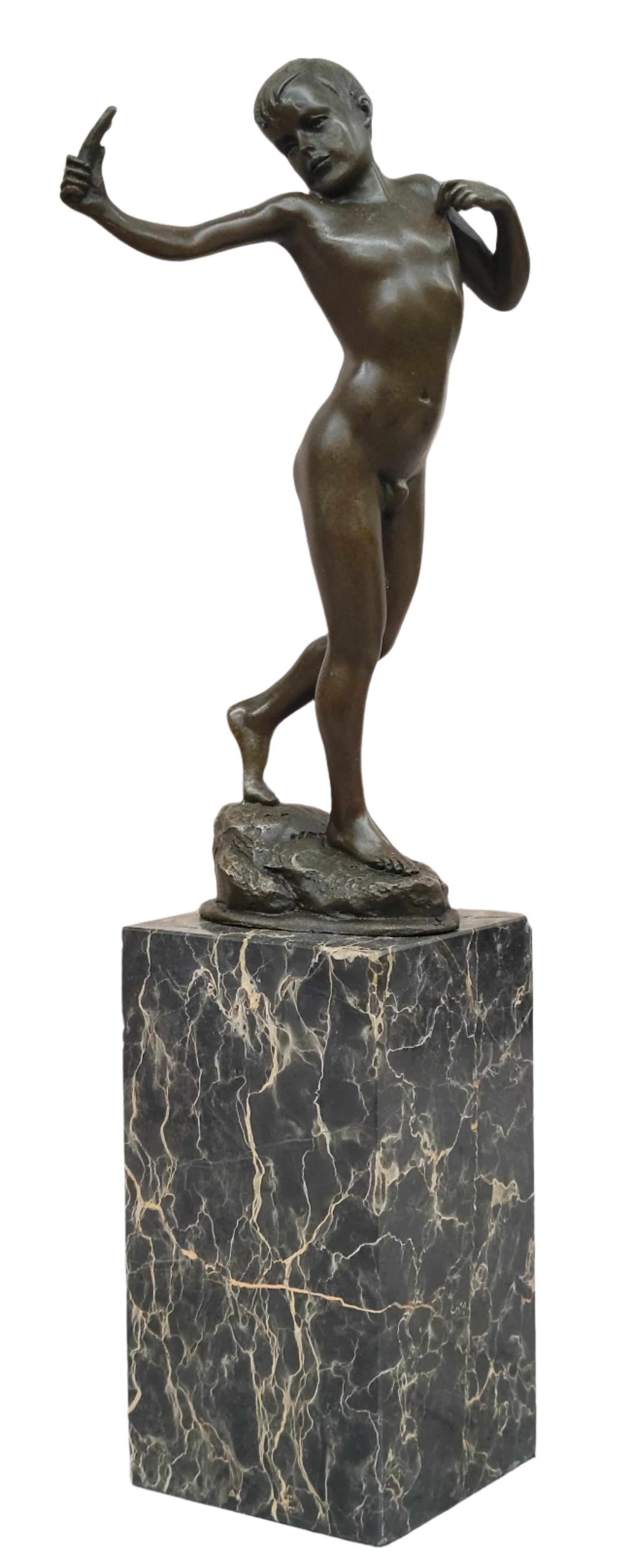 Nude Male Figure with Sling - Bronze Sculpture on Marble Base by Milo