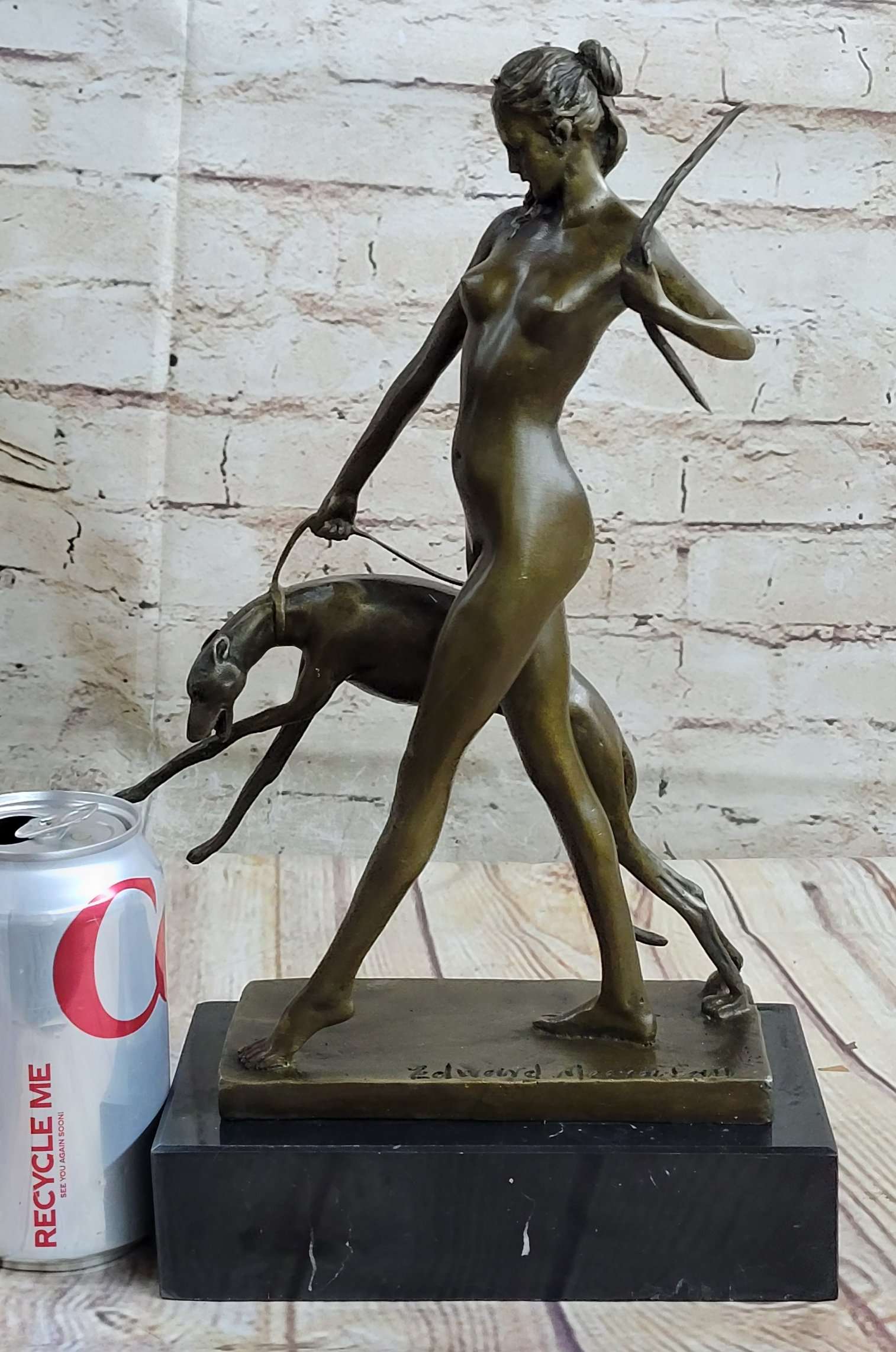 Signed Nude Diana the Huntress with Hunting dog Bronze Sculpture Marble Base Statue