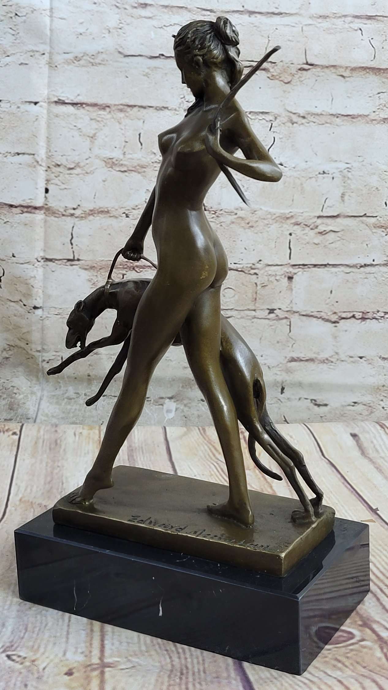 Signed Nude Diana the Huntress with Hunting dog Bronze Sculpture Marble Base Statue