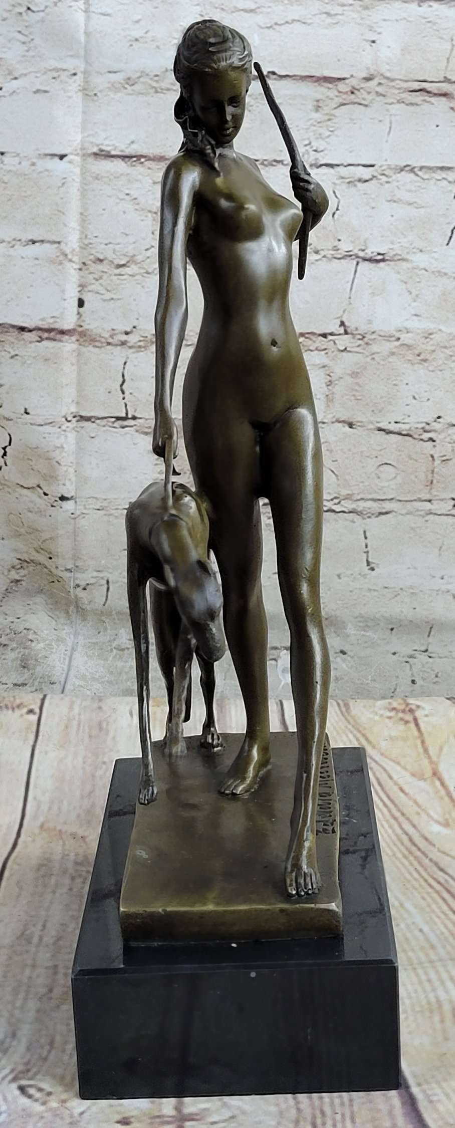 Signed Nude Diana the Huntress with Hunting dog Bronze Sculpture Marble Base Statue