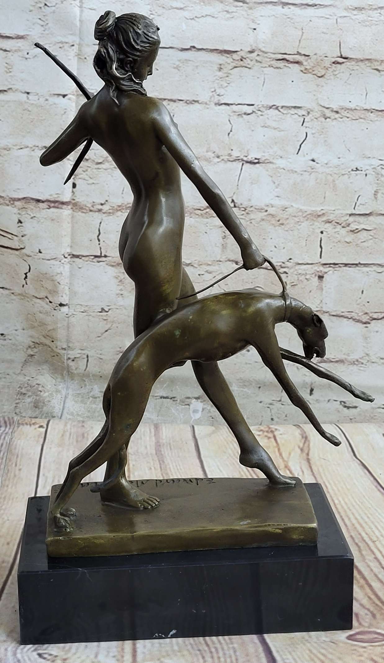 Signed Nude Diana the Huntress with Hunting dog Bronze Sculpture Marble Base Statue