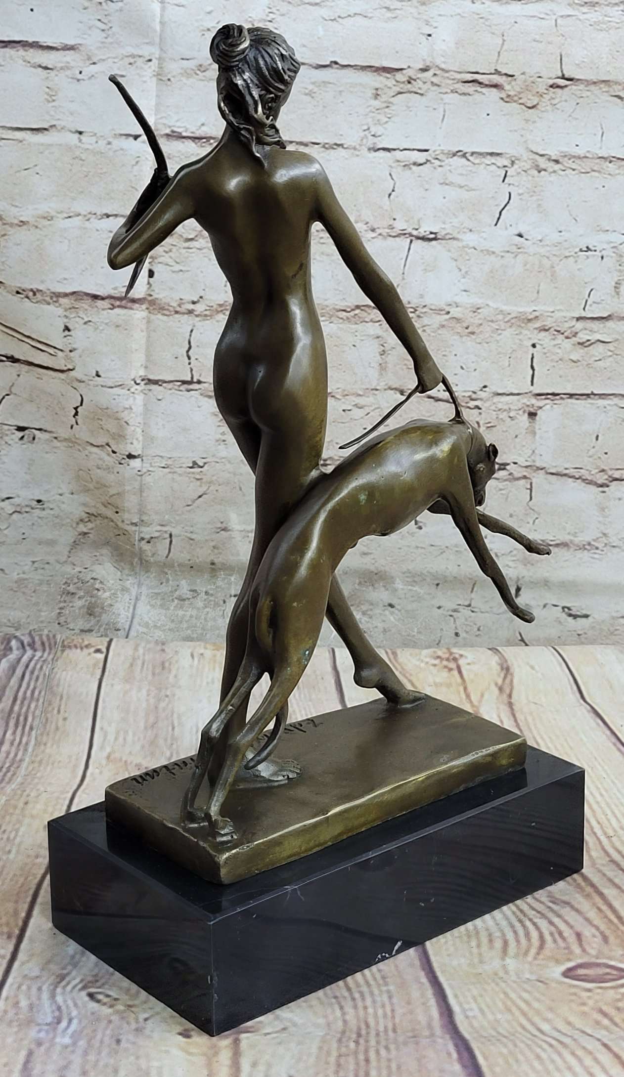 Signed Nude Diana the Huntress with Hunting dog Bronze Sculpture Marble Base Statue