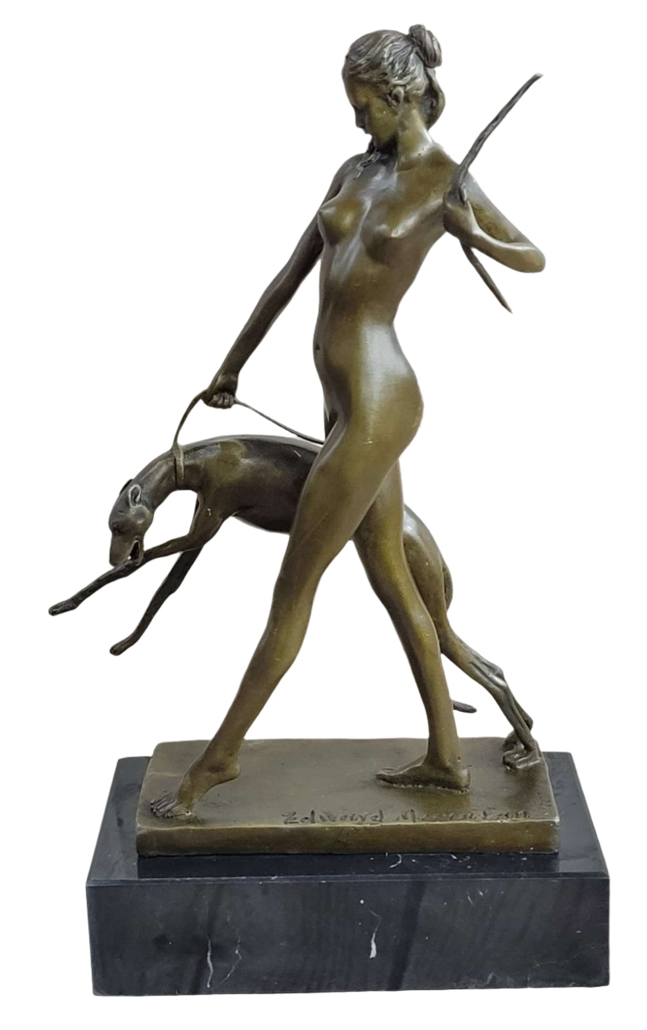 Signed Nude Diana the Huntress with Hunting dog Bronze Sculpture Marble Base Statue