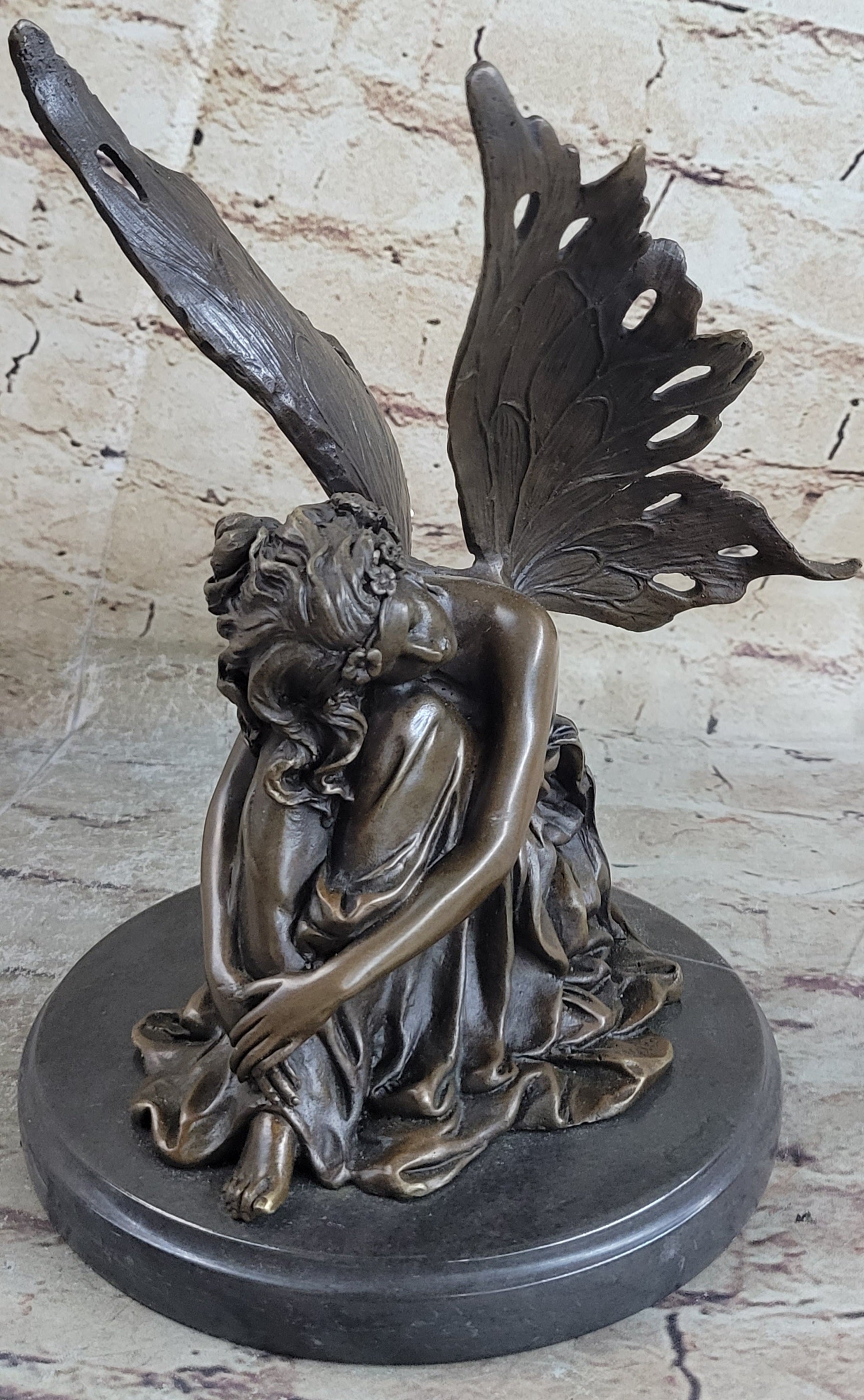 Sleeping Fairy Winged Angel Girl Bronze Statue Sculpture Signed Original Art 9.5" x 6.5"