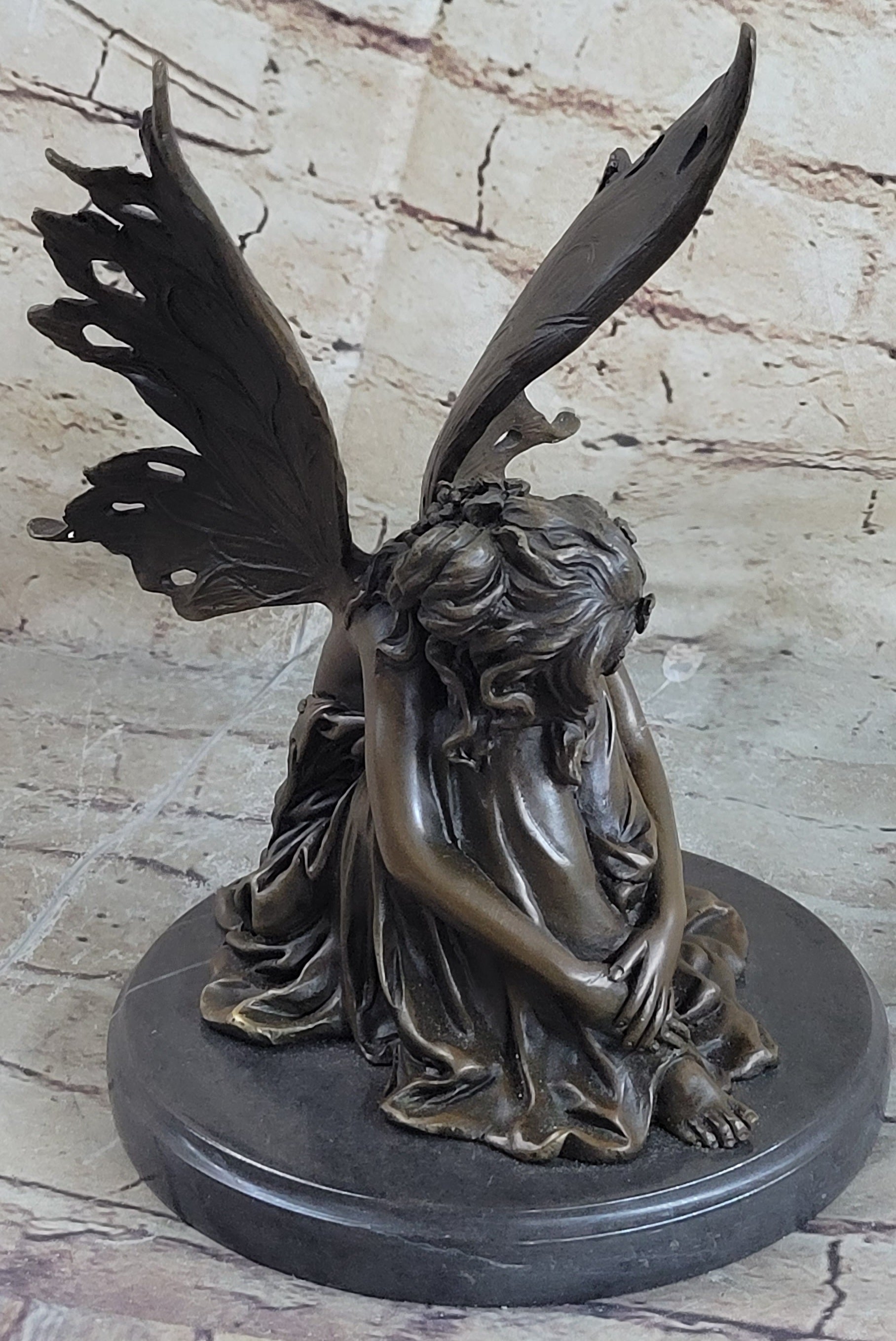 Sleeping Fairy Winged Angel Girl Bronze Statue Sculpture Signed Original Art 9.5" x 6.5"