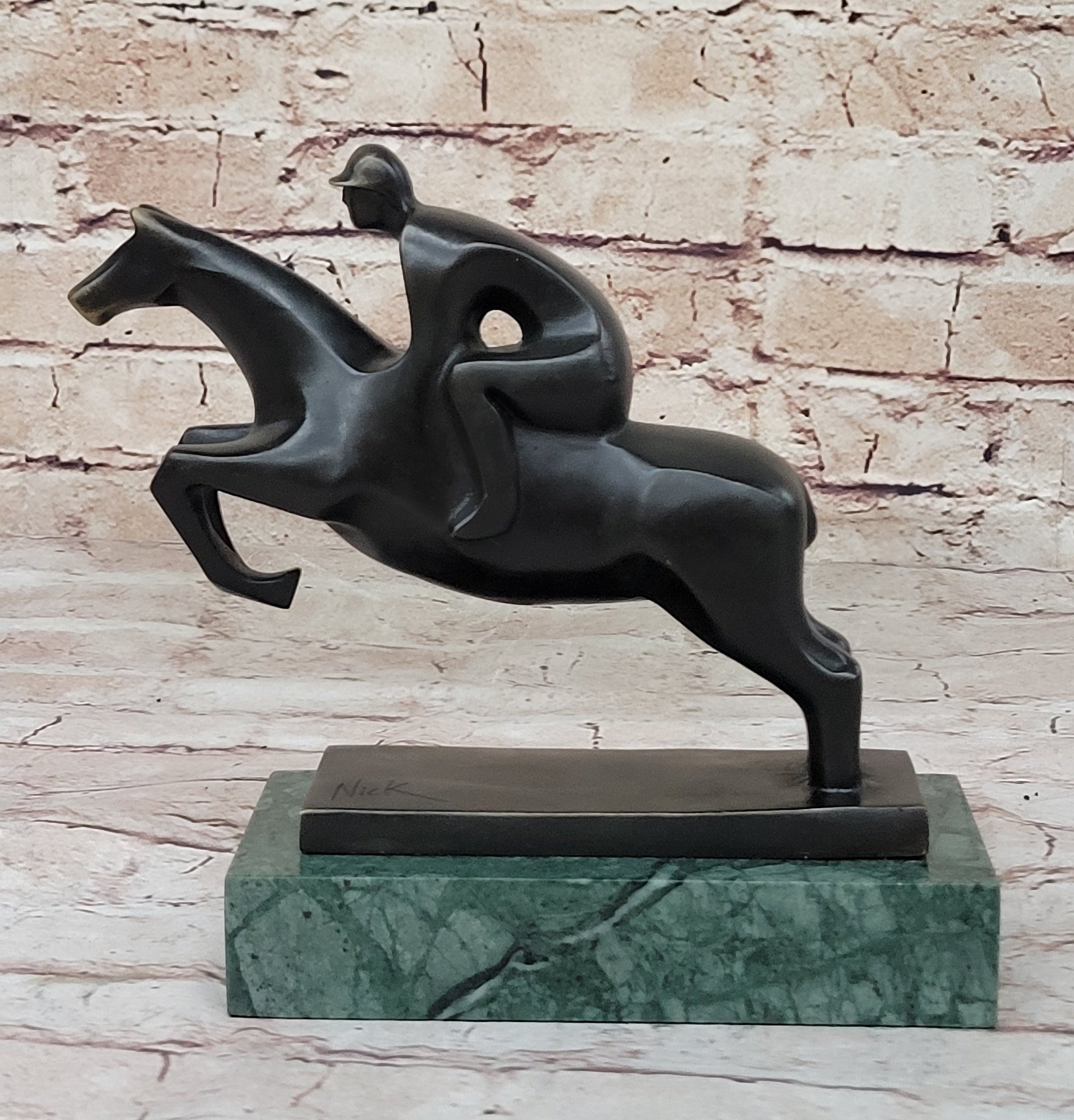 Signed Original Mario Nick Sport Jockey on Horse Bronze Sculpture Statue Figure