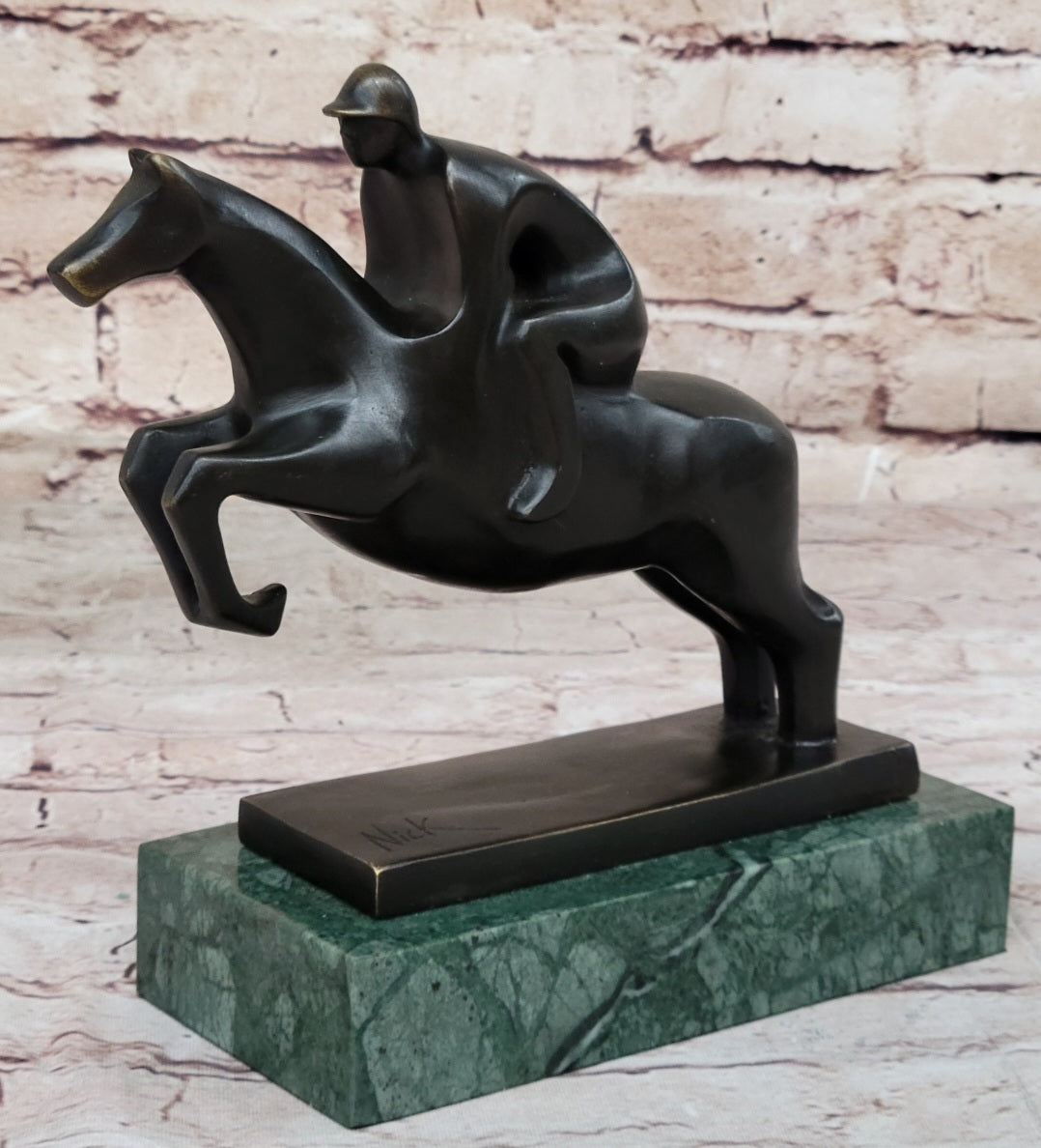 Signed Original Mario Nick Sport Jockey on Horse Bronze Sculpture Statue Figure