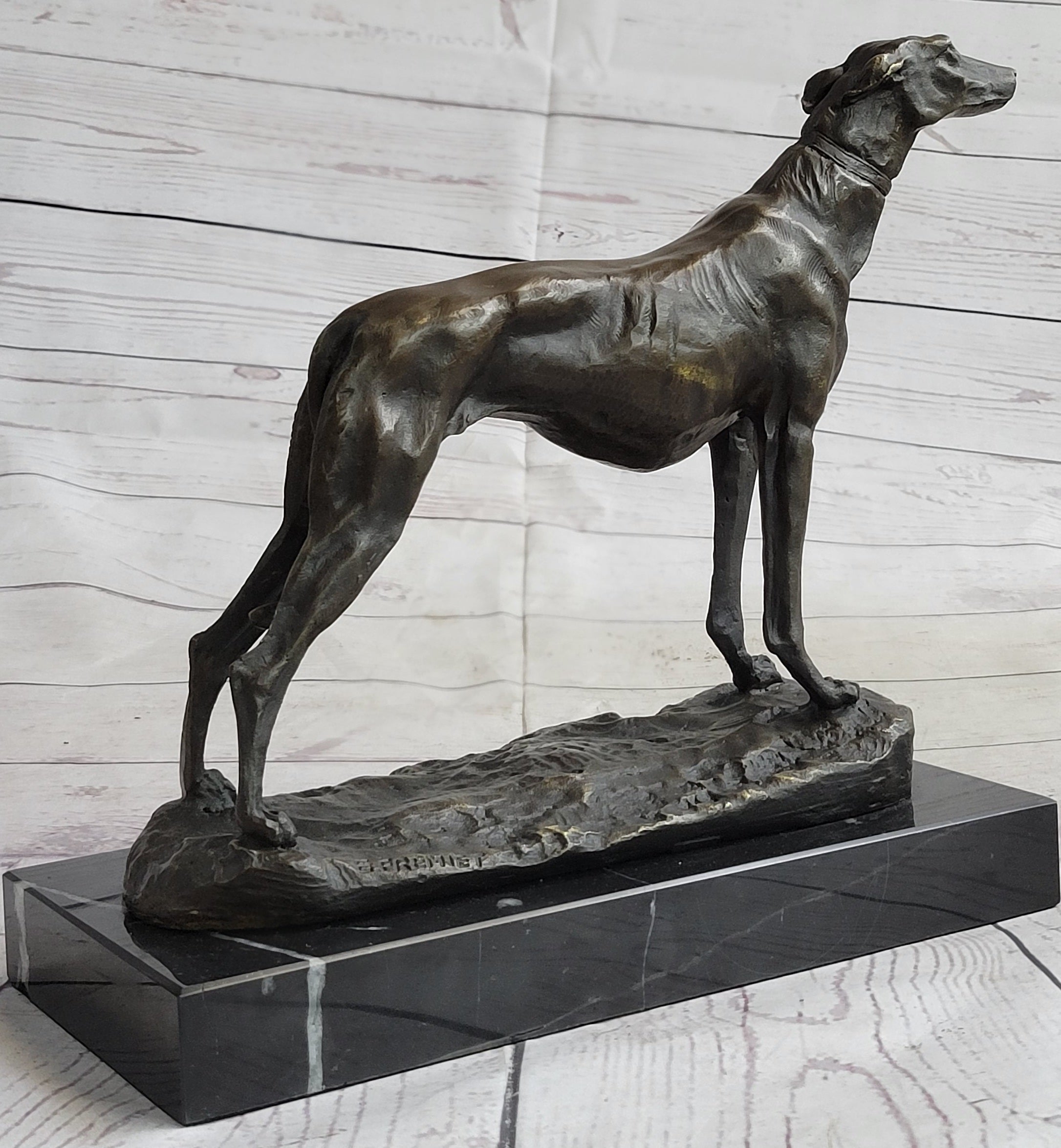 Greyhound Dog Whippet Bronze Statue Sculpture Figure Marble Base by Fremiet 13" x 10"