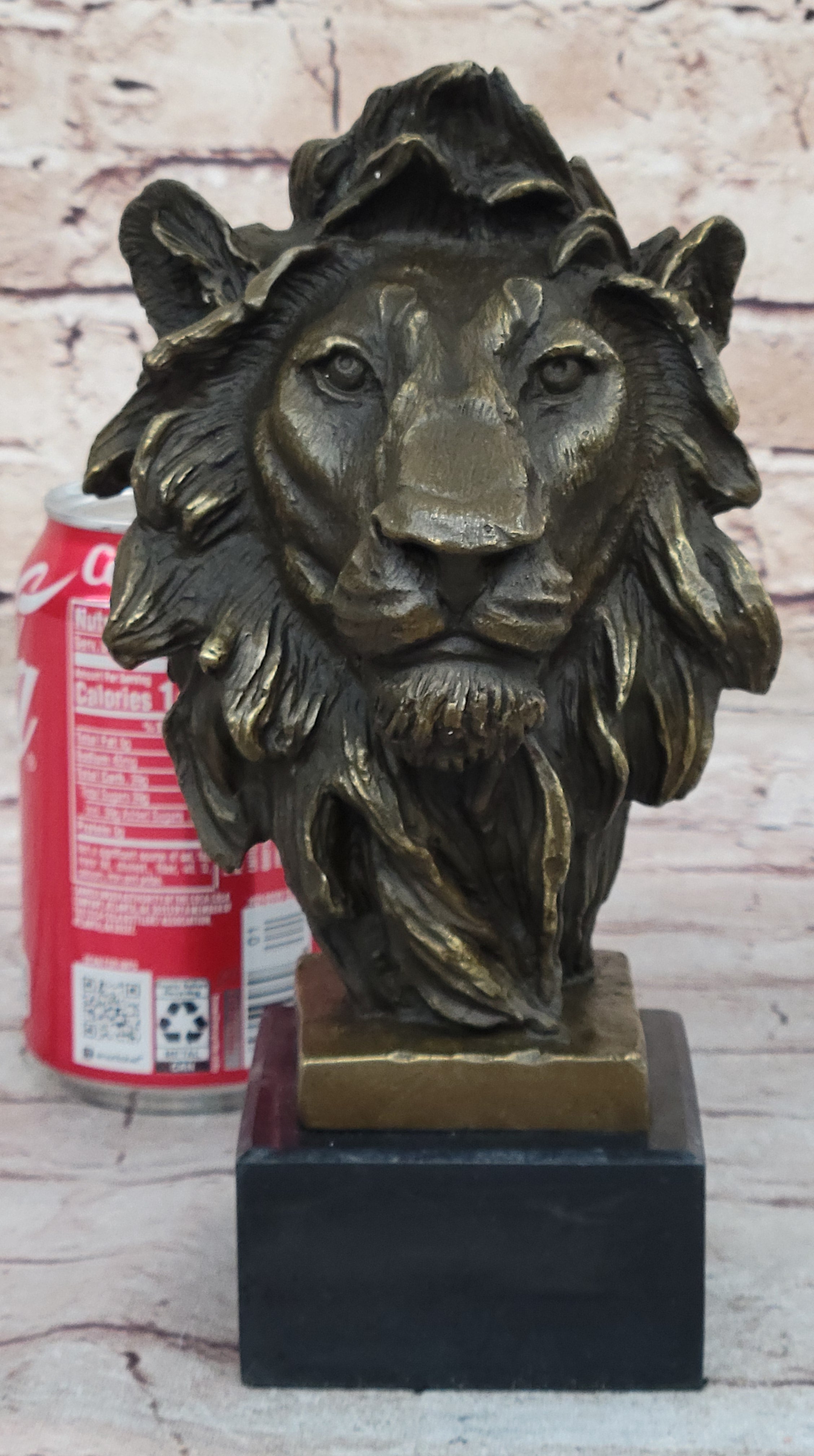 Male Lion Bronze Bust Statue Sculpture Figure on Black Marble Base Signed Barye 9" x 4"