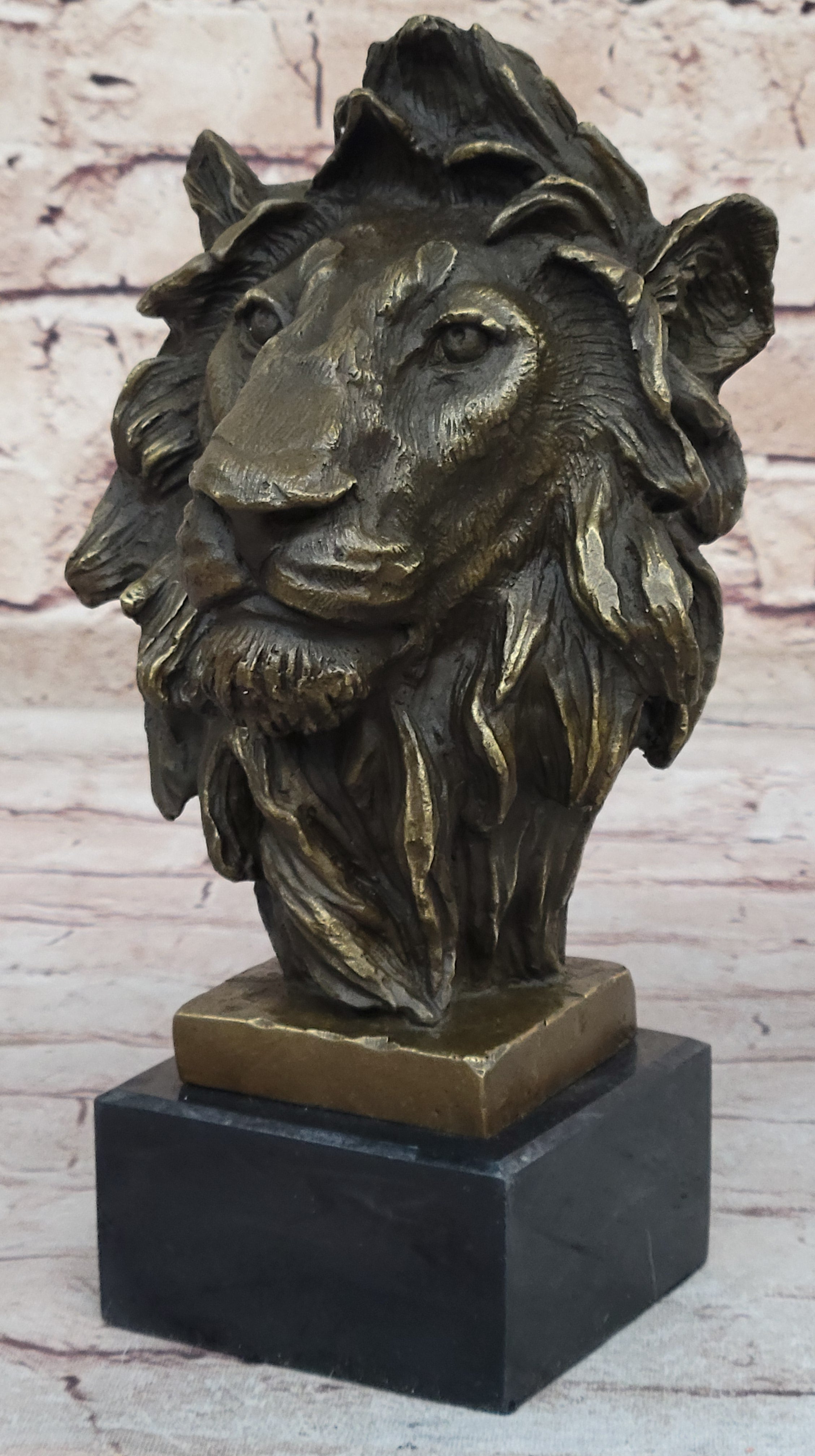 Male Lion Bronze Bust Statue Sculpture Figure on Black Marble Base Signed Barye 9" x 4"