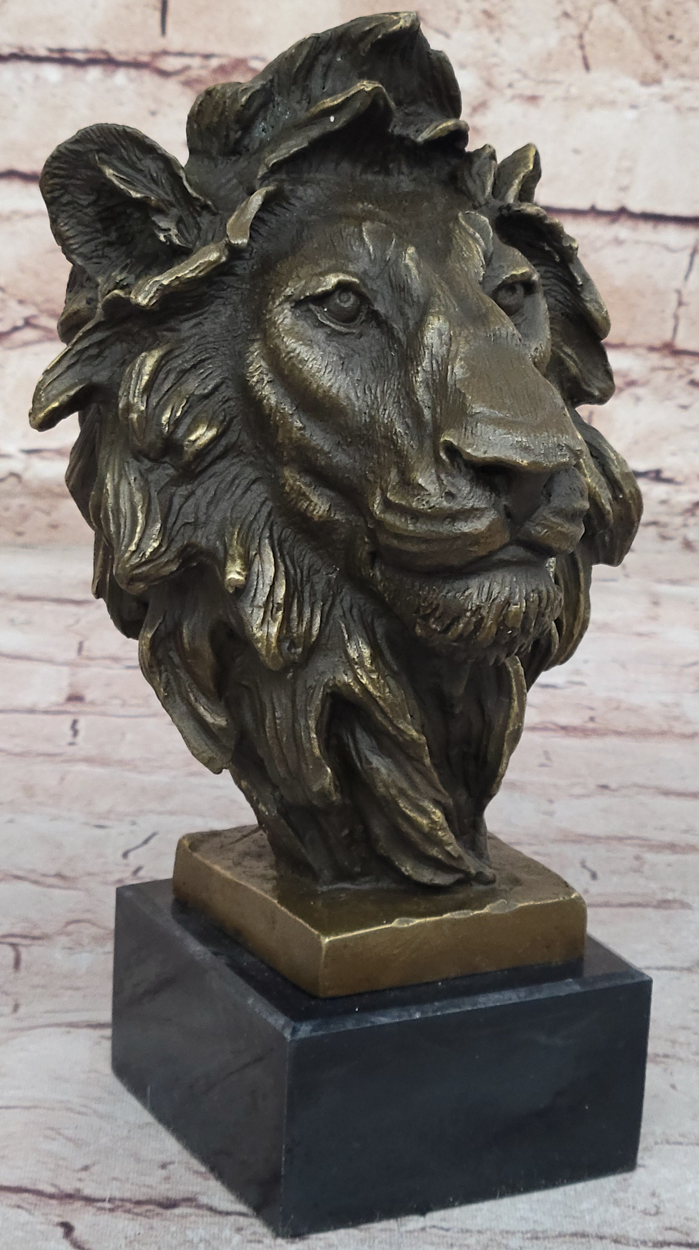 Male Lion Bronze Bust Statue Sculpture Figure on Black Marble Base Signed Barye 9" x 4"