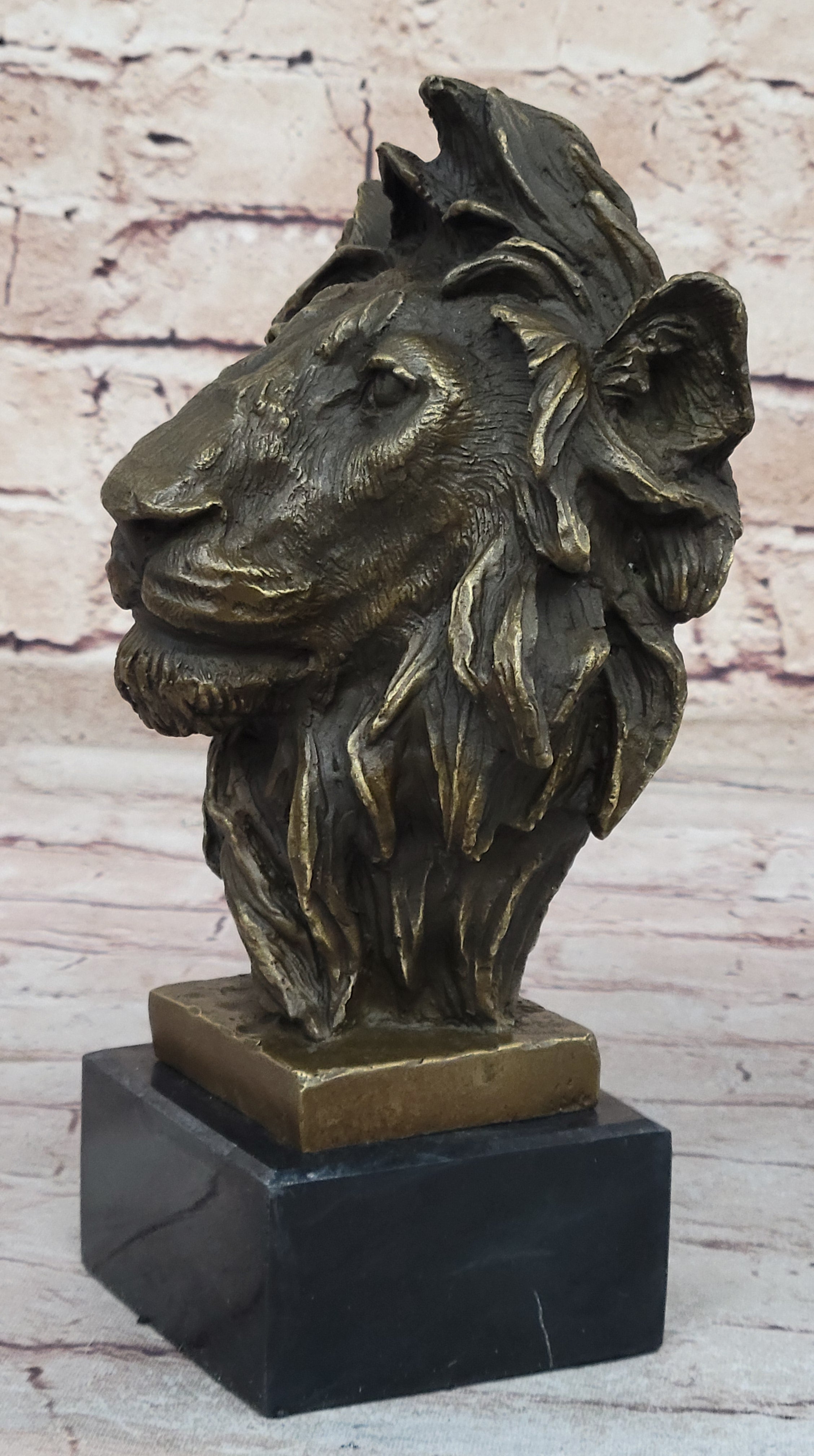 Male Lion Bronze Bust Statue Sculpture Figure on Black Marble Base Signed Barye 9" x 4"