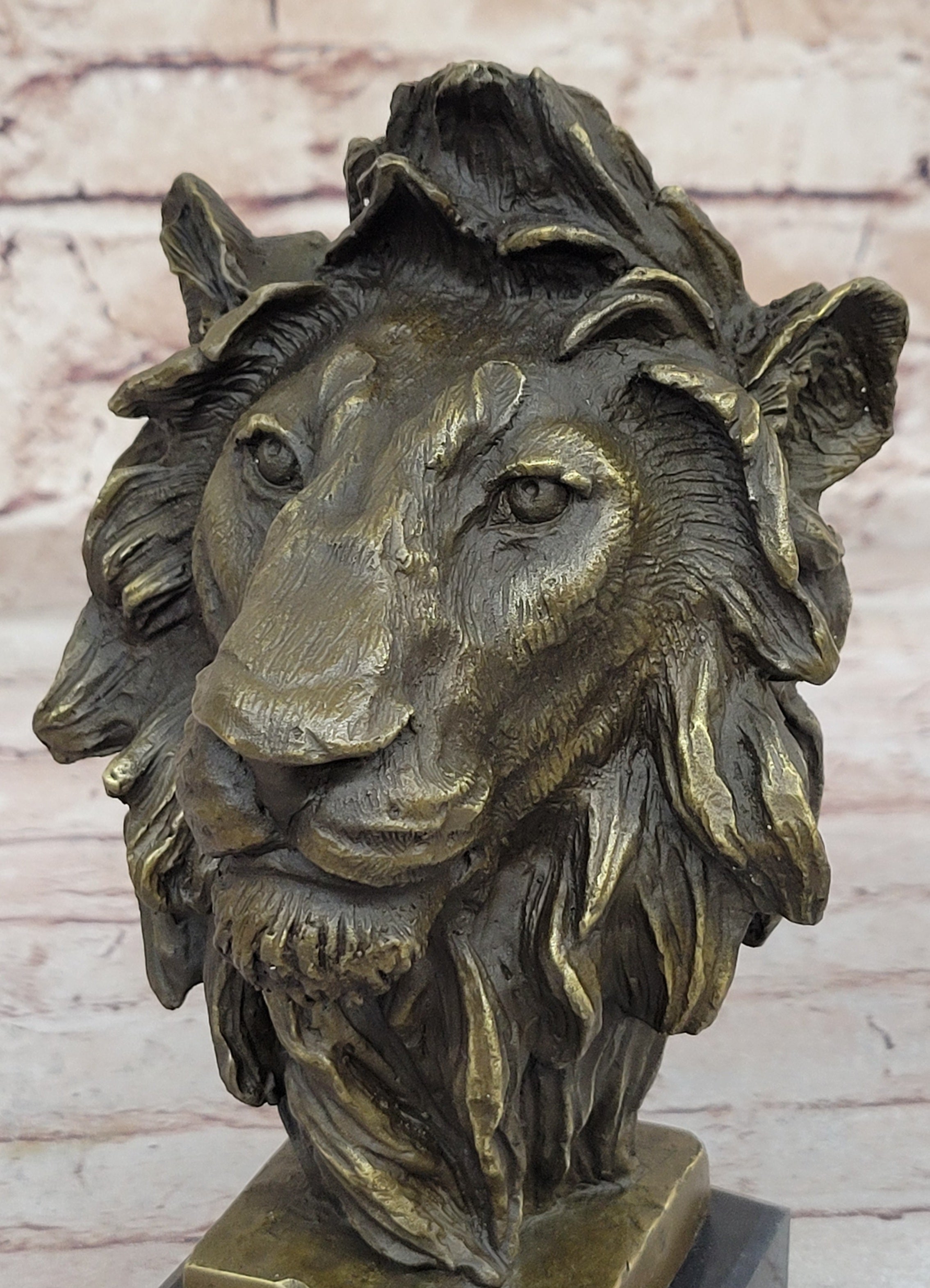 Male Lion Bronze Bust Statue Sculpture Figure on Black Marble Base Signed Barye 9" x 4"