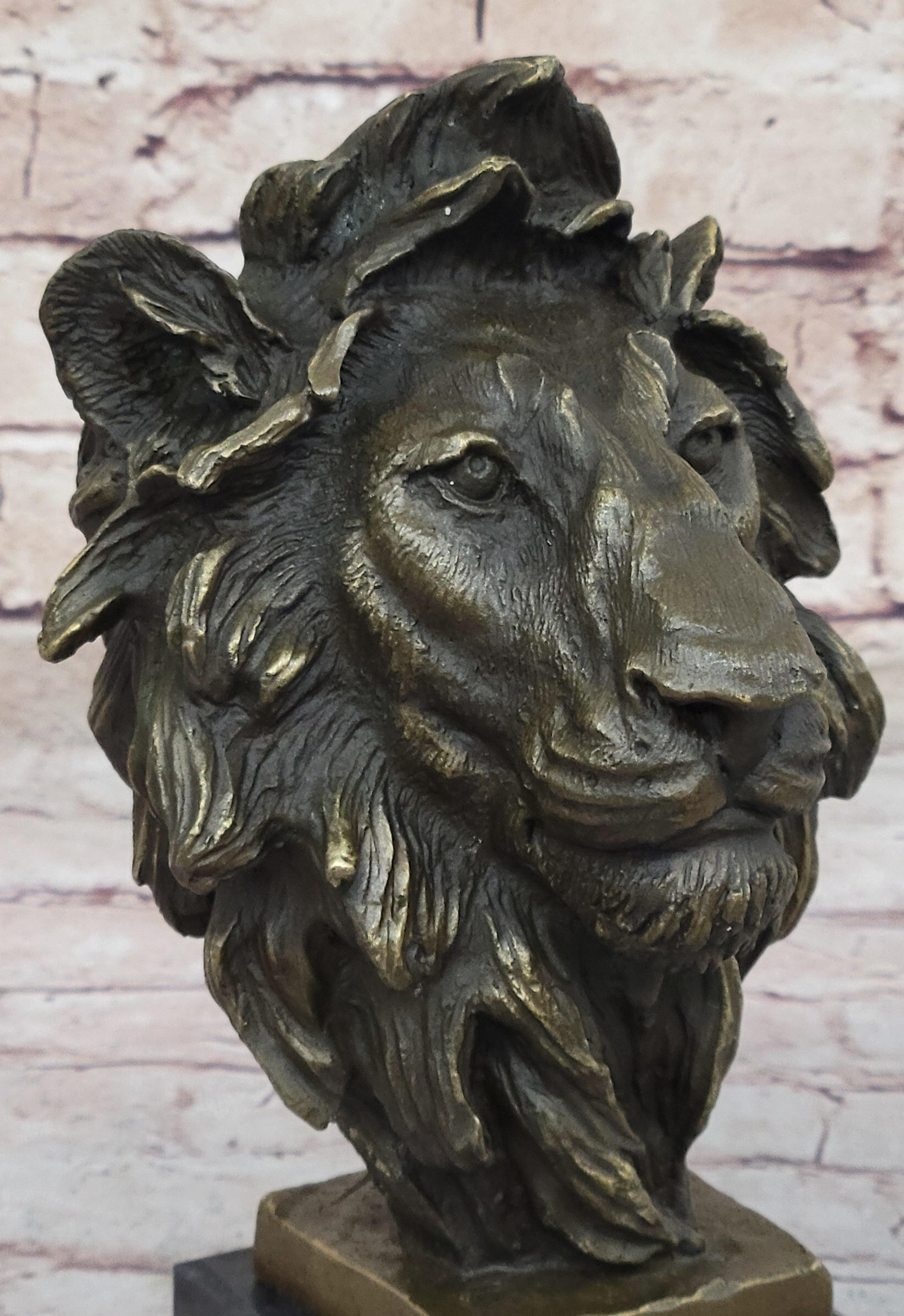 Male Lion Bronze Bust Statue Sculpture Figure on Black Marble Base Signed Barye 9" x 4"