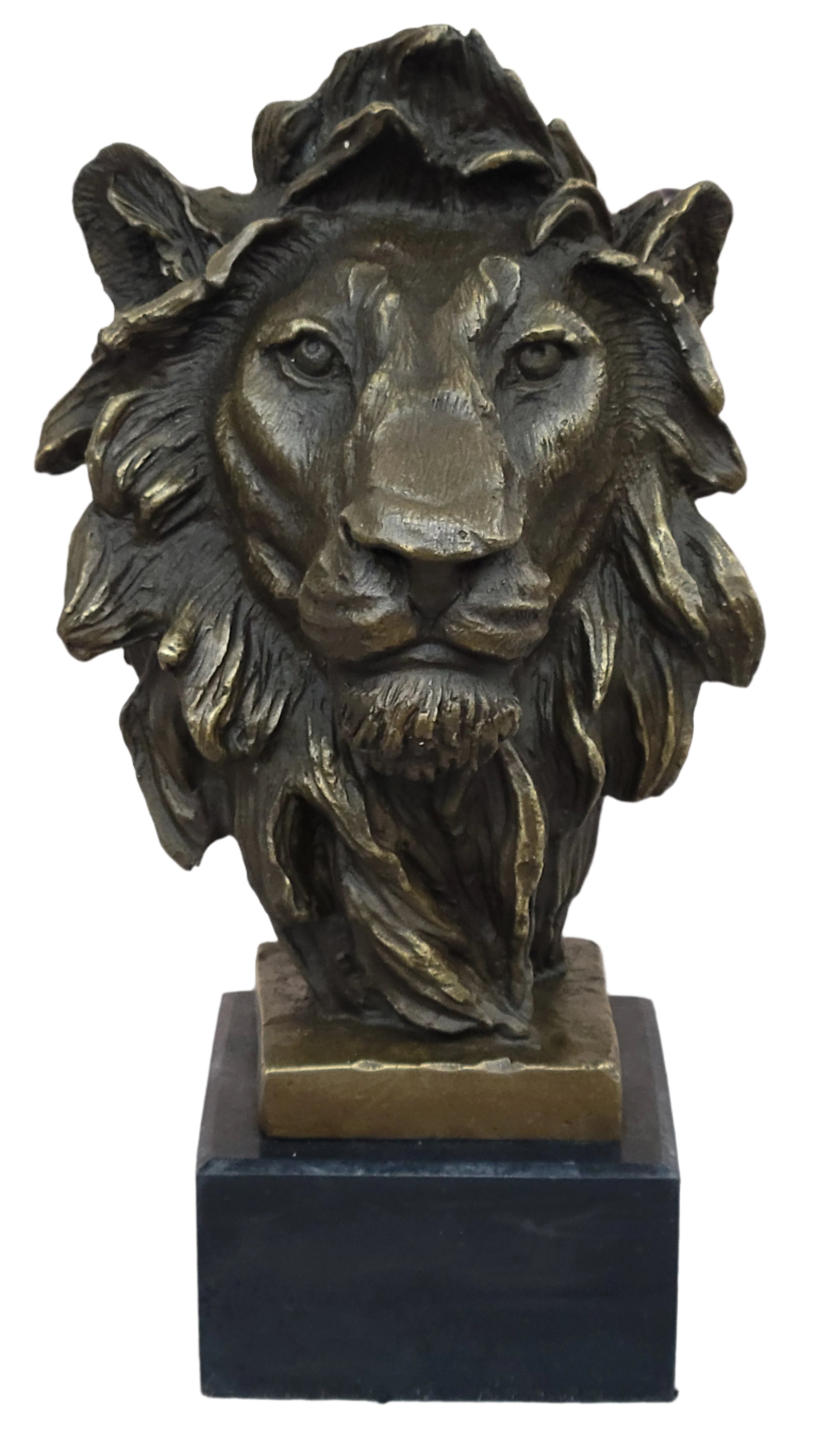 Male Lion Bronze Bust Statue Sculpture Figure on Black Marble Base Signed Barye 9" x 4"