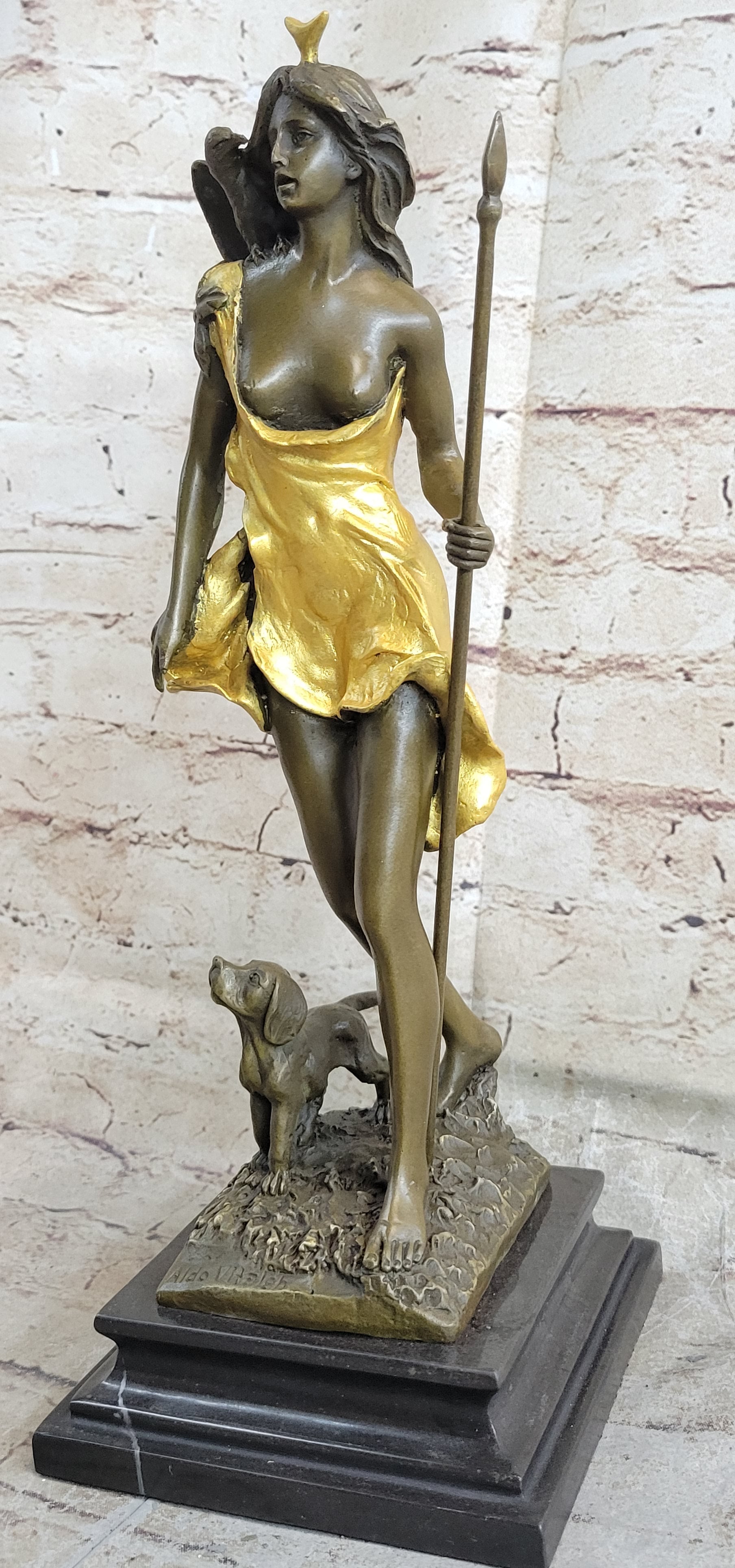 Signed Original Aldo Vitale Nude Diana the Huntress and her Dog Bronze Sculpture